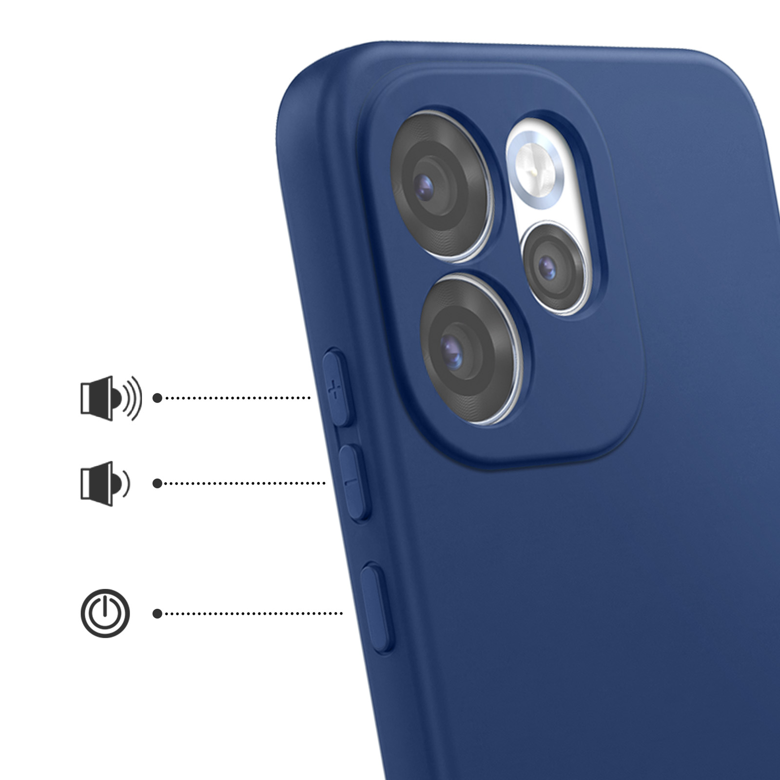 Funda azul oscuro para teléfono con tres cámaras y botones de volumen/encendido.