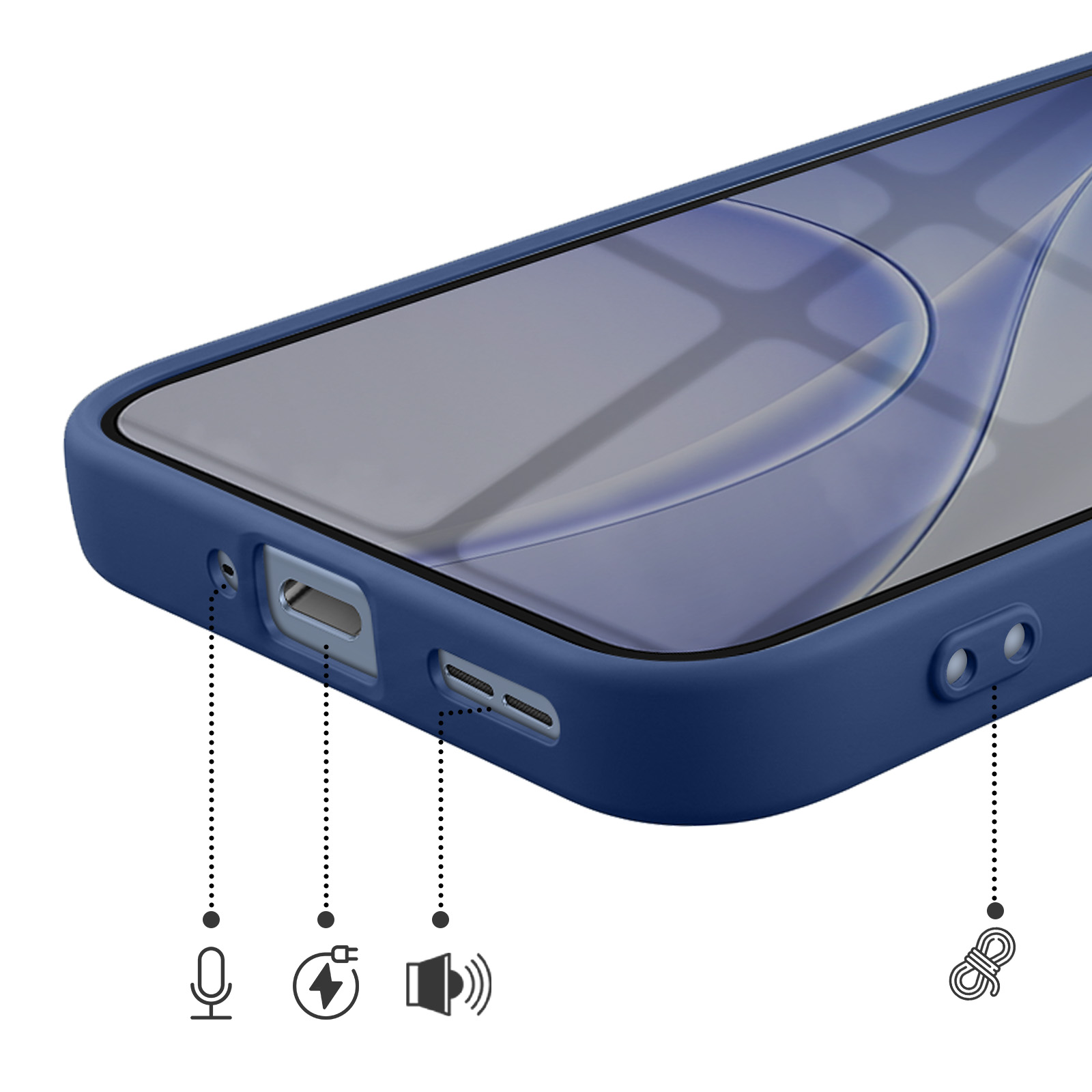Vista superior de una funda de teléfono azul centrada en puertos e iconos.
