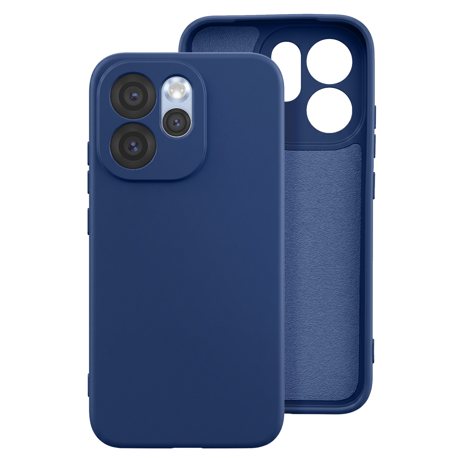 Funda de teléfono azul oscuro con tres lentes de cámara.
