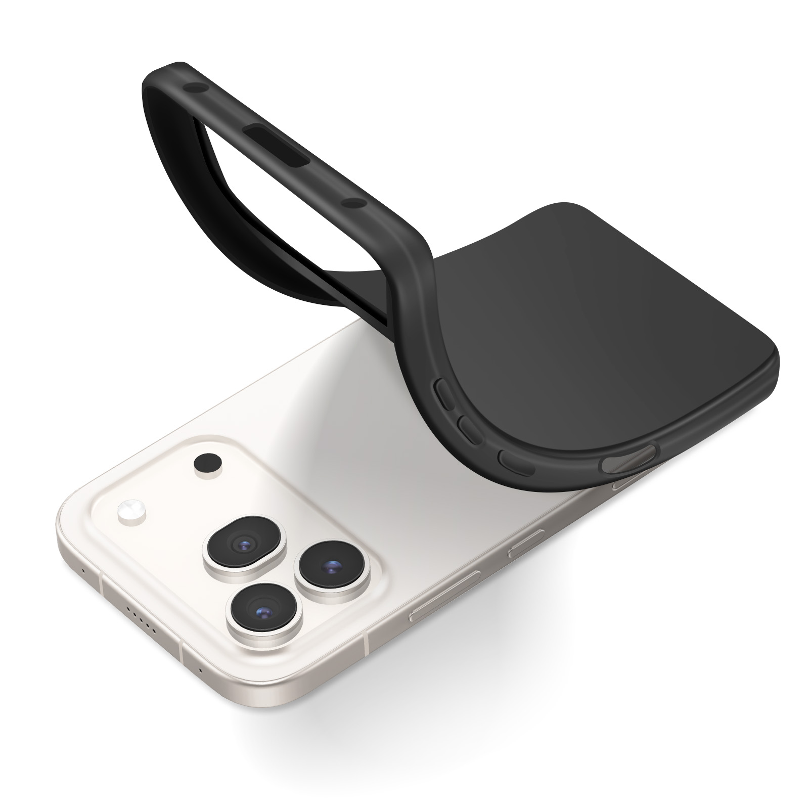 Ein schwarzes Handycase wird über ein silbernes Smartphone gelegt.