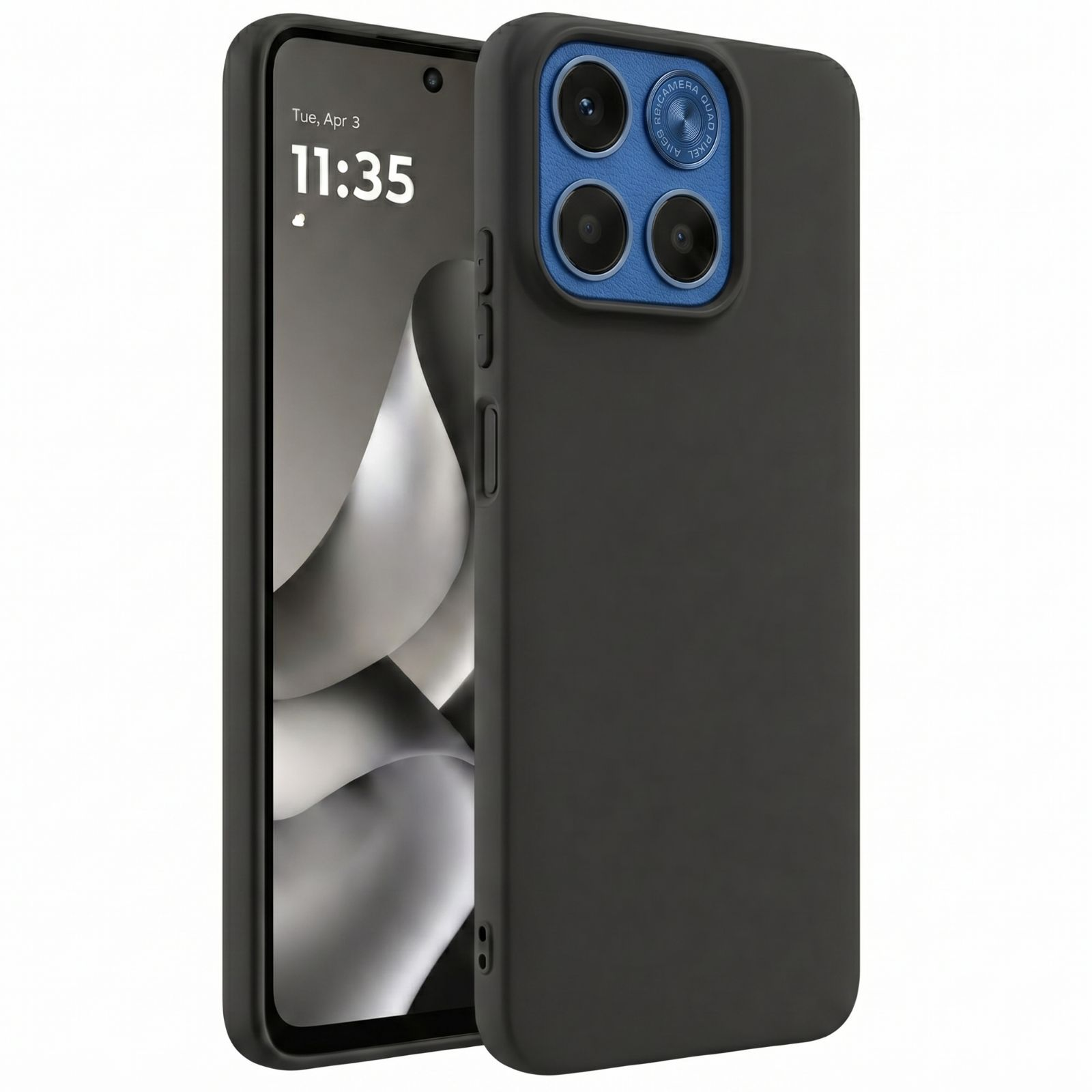 Dunkelgraues Handycase mit vierfacher Kamera auf blauem Hintergrund.