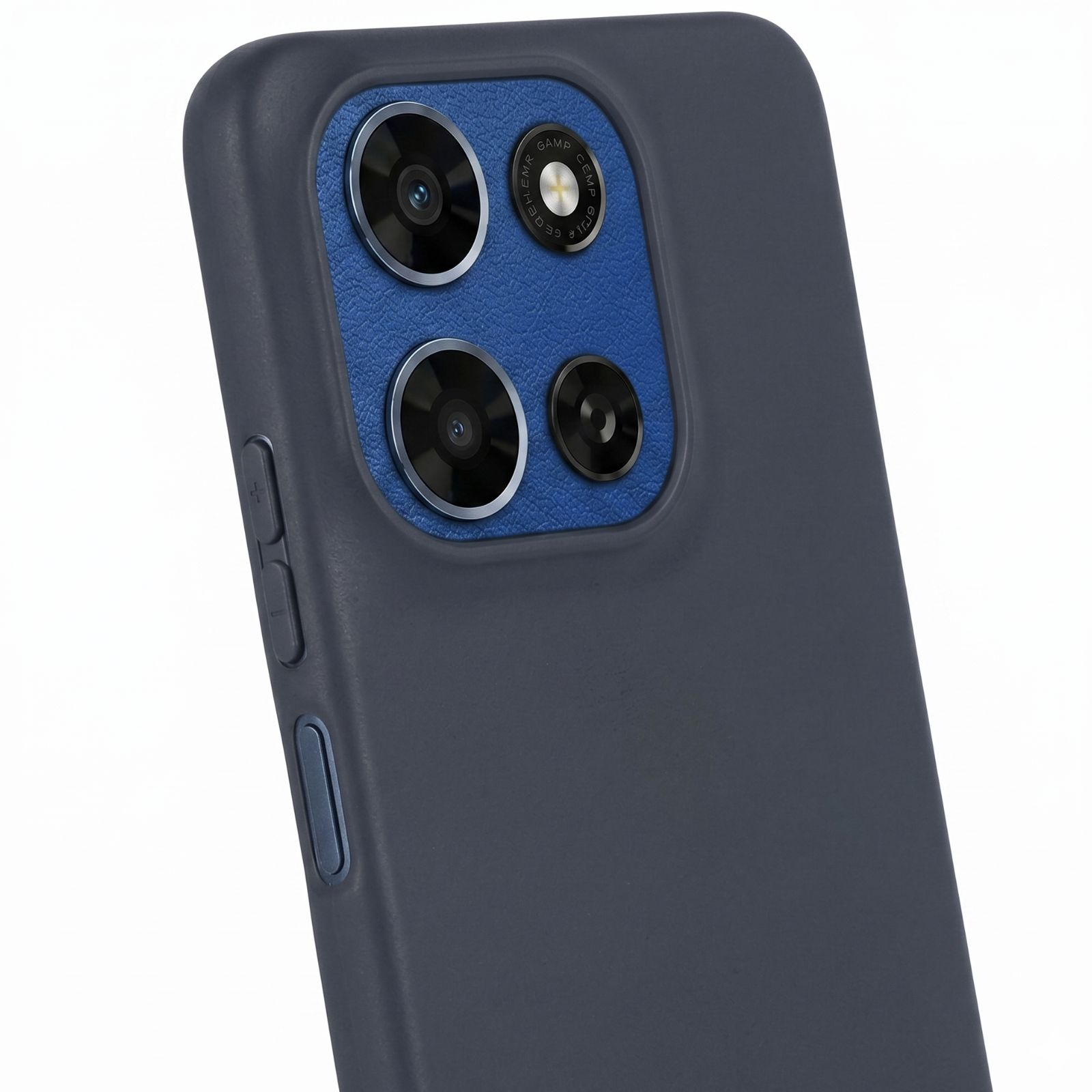 Dunkelgraues Handycase mit blauer Kameraeinfassung und drei Linsen.