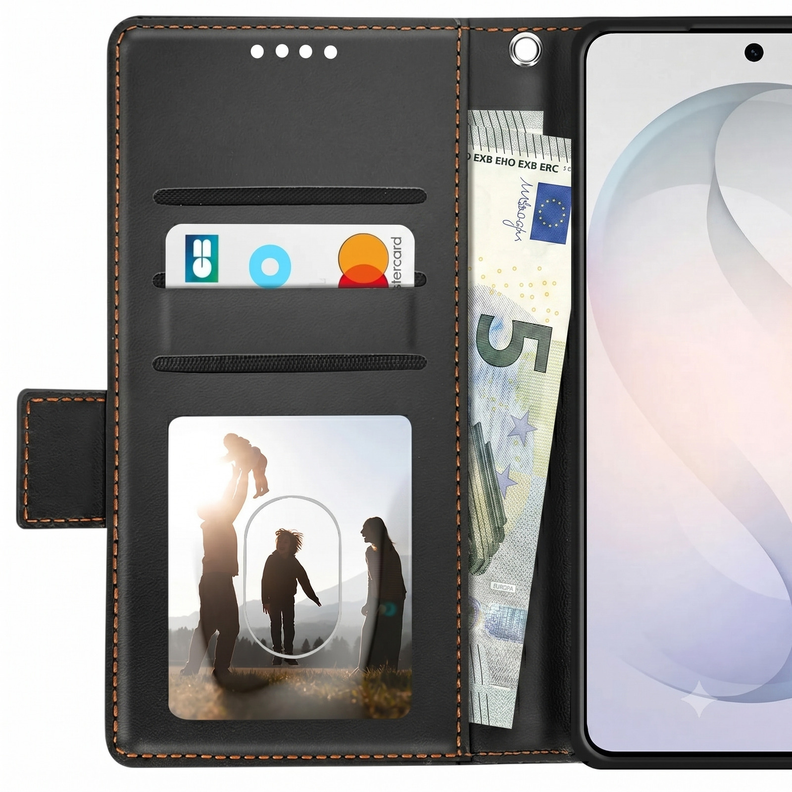Schwarzes Wallet-Etui mit Kartenfächern, Bargeld und Familienfoto.
