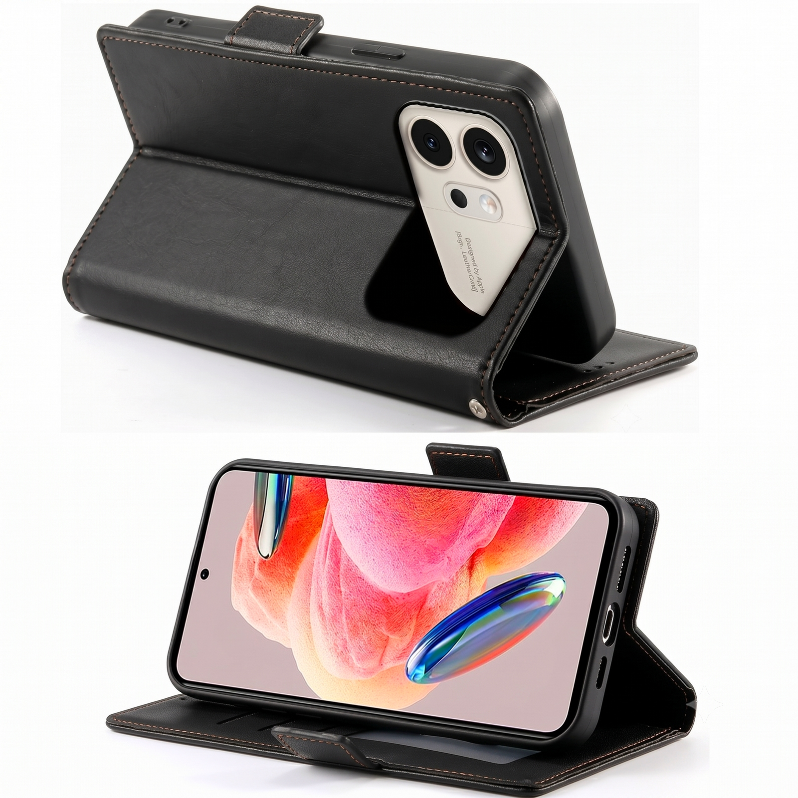 Schwarze Leder-Handyhülle mit aufgestelltem Telefon, das einen bunten Hintergrund zeigt.