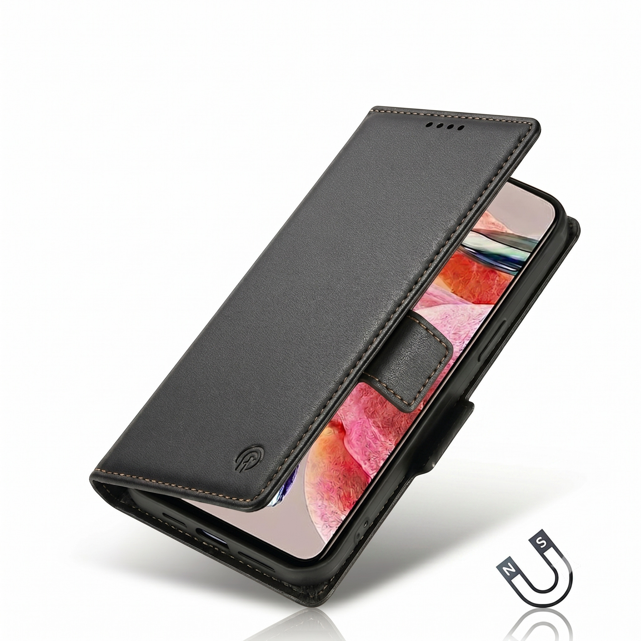 Schwarzes Leder-Flip-Case für ein Smartphone, mit Magnetverschluss.