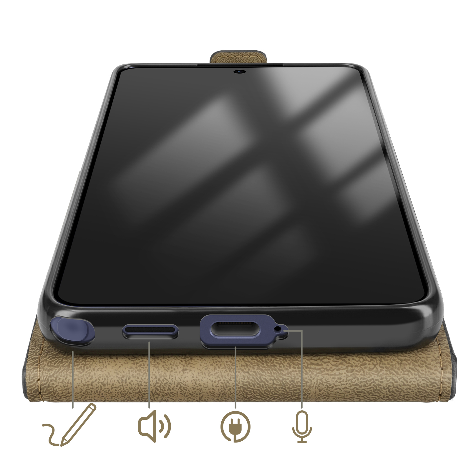 Ein Smartphone mit einem schwarzen Gehäuse auf einer braunen Hülle. Anschlüsse sind markiert.