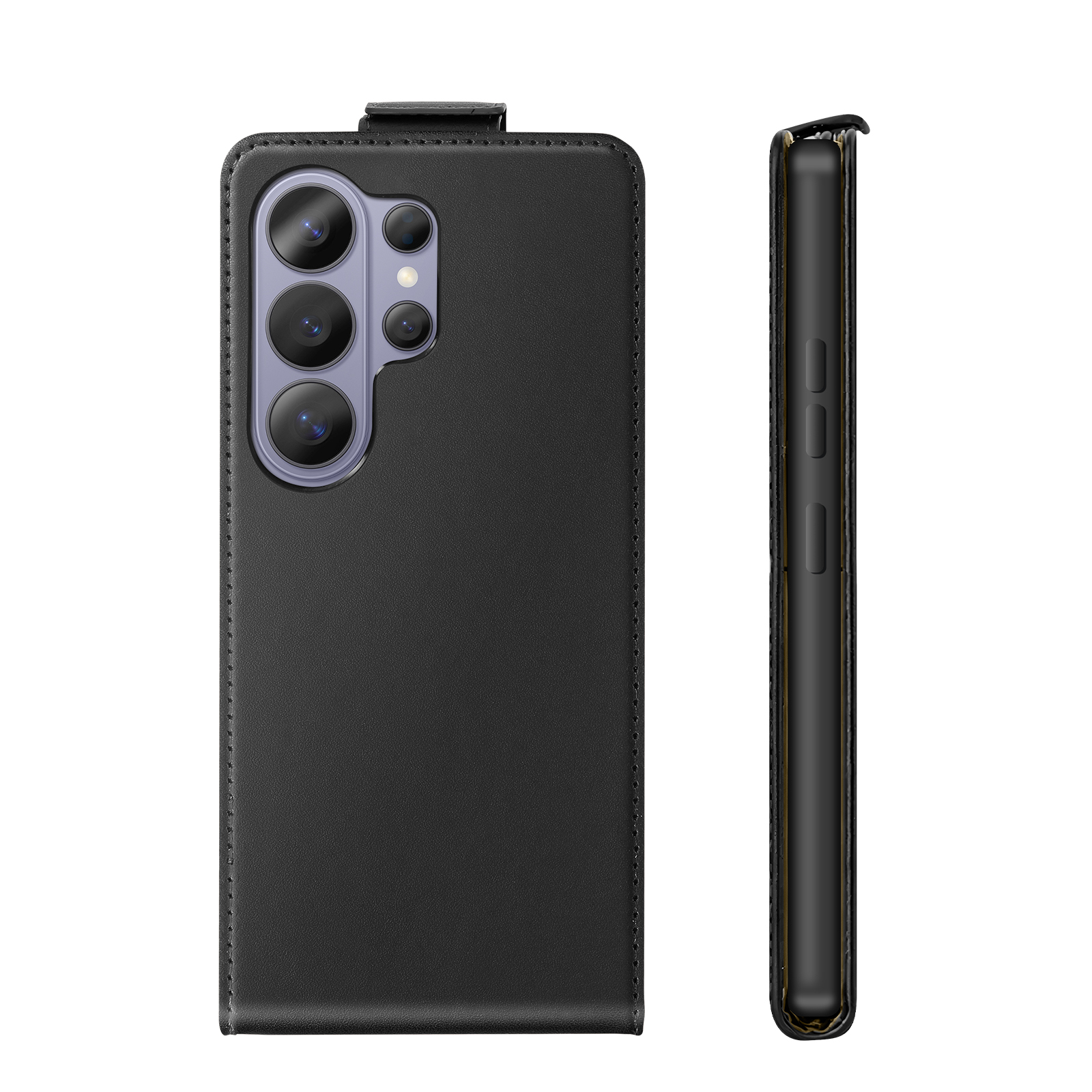 Schwarzes Handy-Flip-Case mit Kamera-Ausschnitt und seitlicher Ansicht der Tasten.