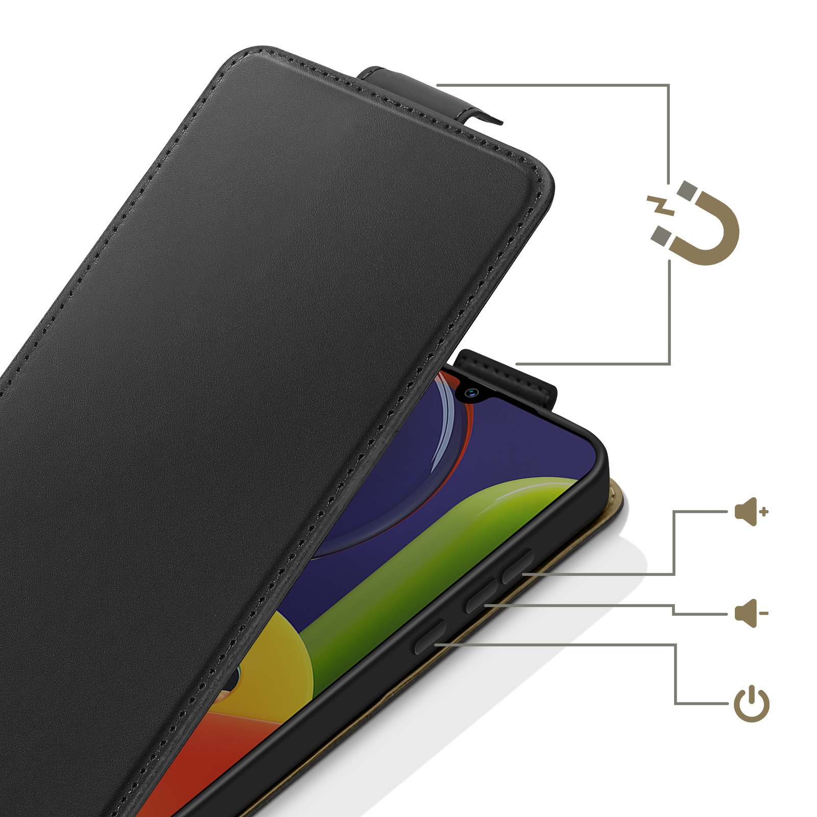 Schwarzes Handycover mit Magnetverschluss und hervorgehobenen Tasten.