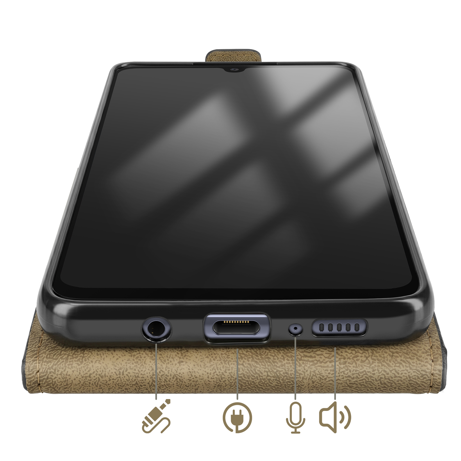 Rückansicht eines schwarzen Smartphones mit geöffneter Hülle aus Lederimitat.