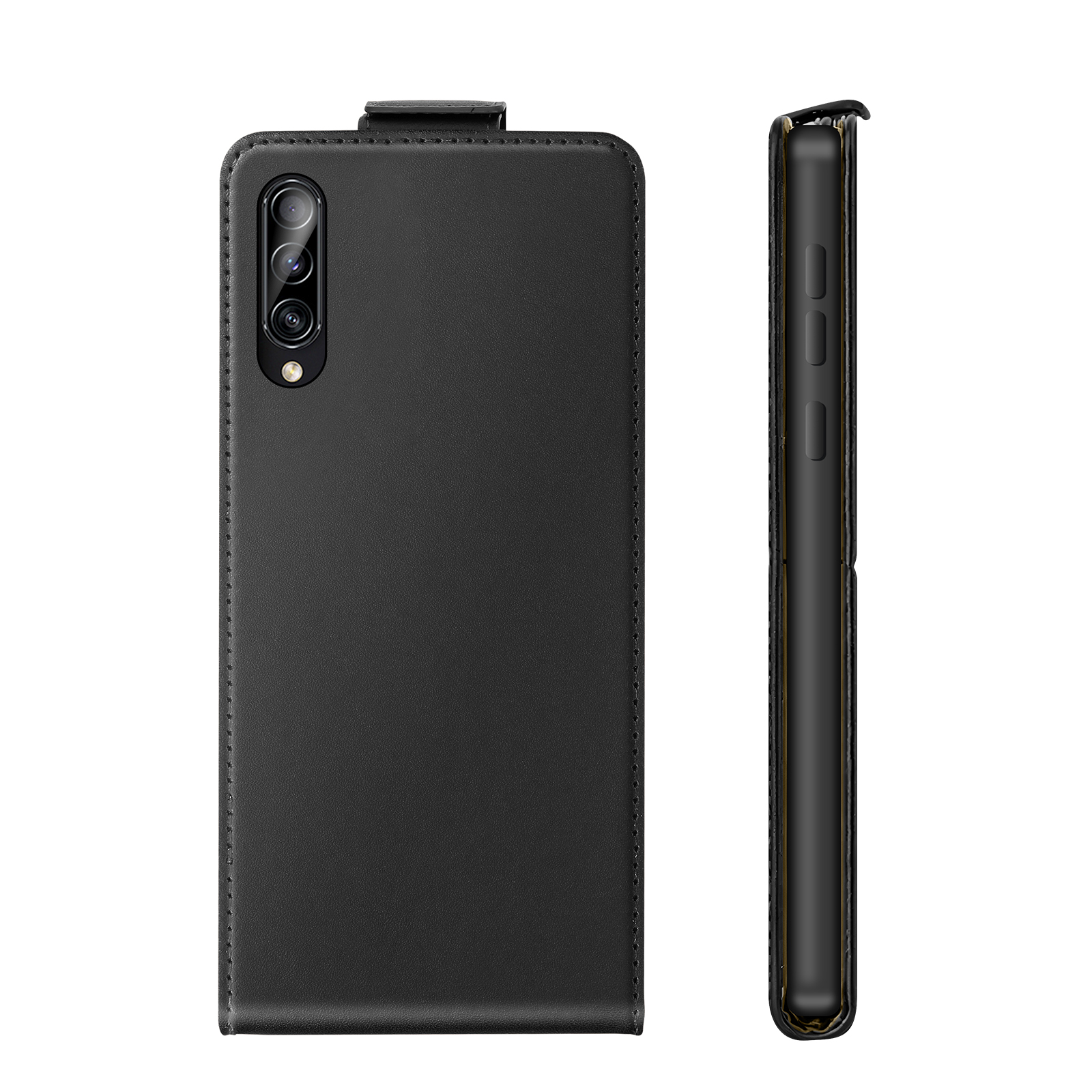 Schwarze Lederhülle für ein Smartphone mit Dreifachkamera und seitlichen Tasten.
