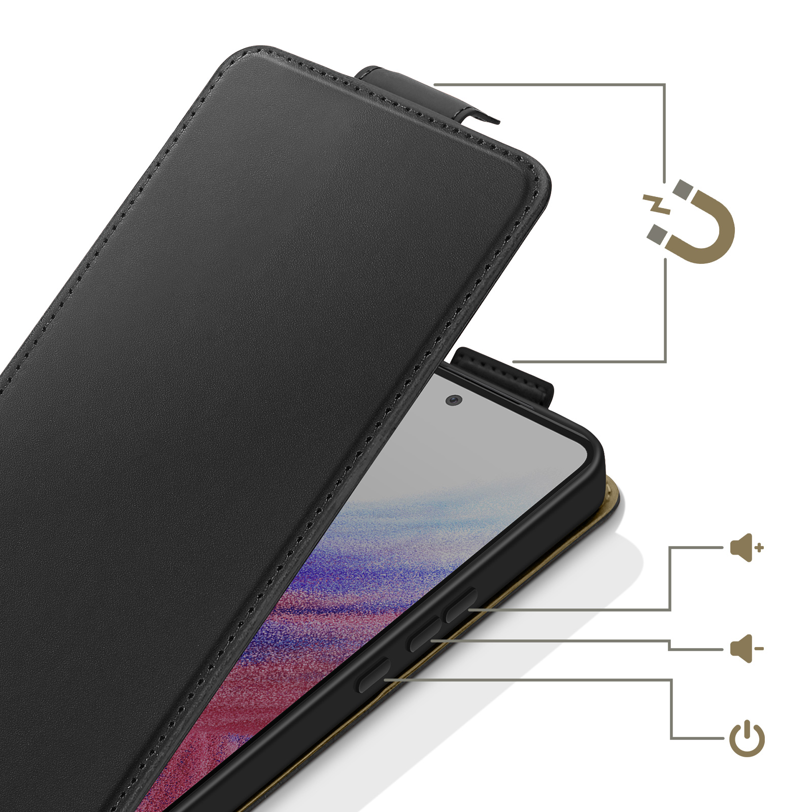 Ein schwarzes Handy-Flip-Case mit Magnetverschluss und Symbolen für Lautstärke und Strom.