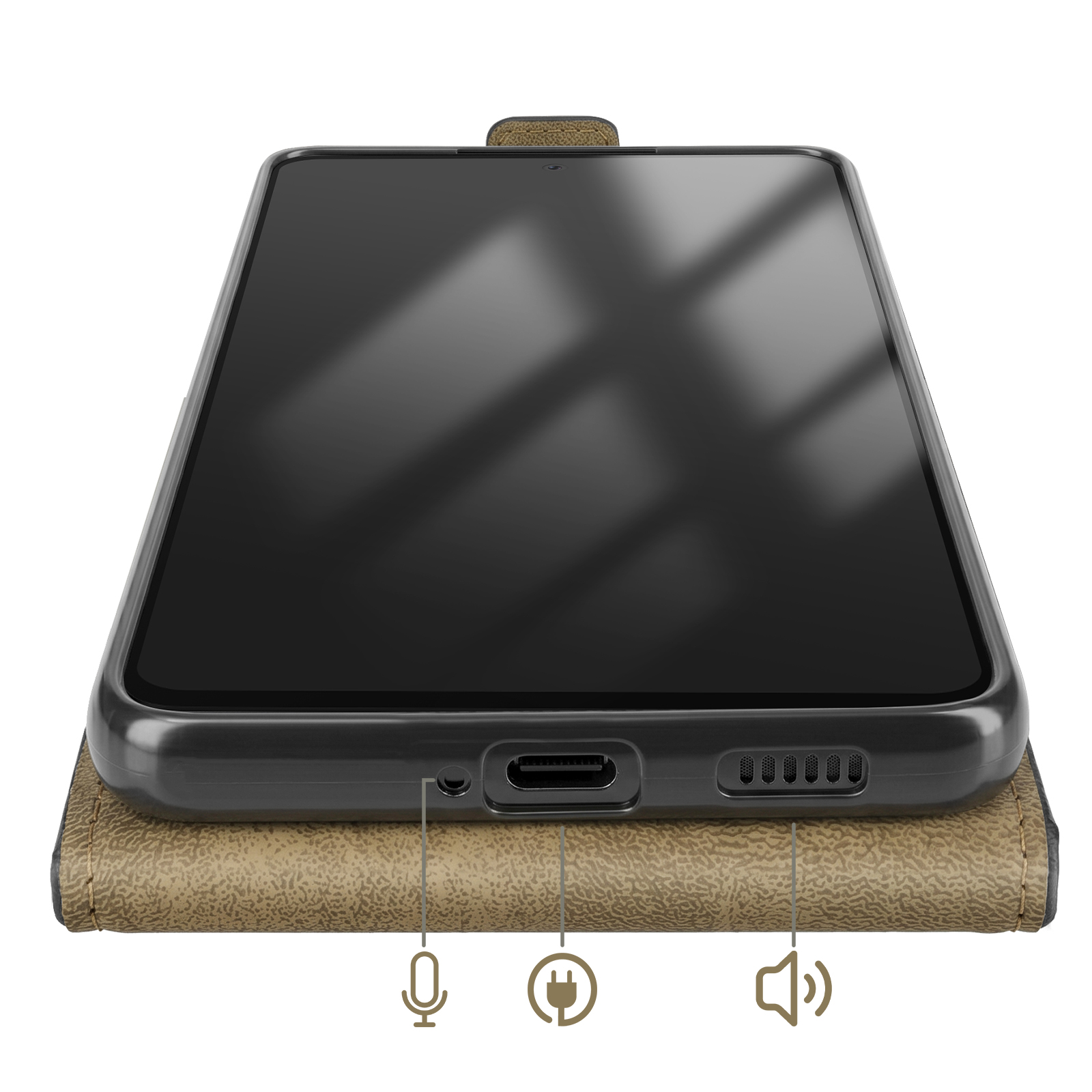 Ein Smartphone liegt auf einer braunen Hülle. Anschlüsse und Lautsprecher sind sichtbar.