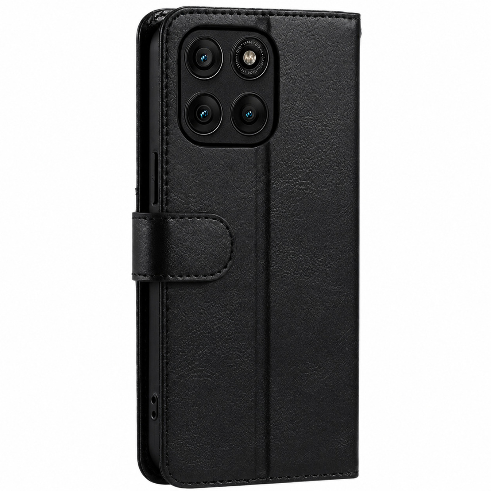 Funda tipo libro de cuero negro para smartphone con cámara cuádruple.