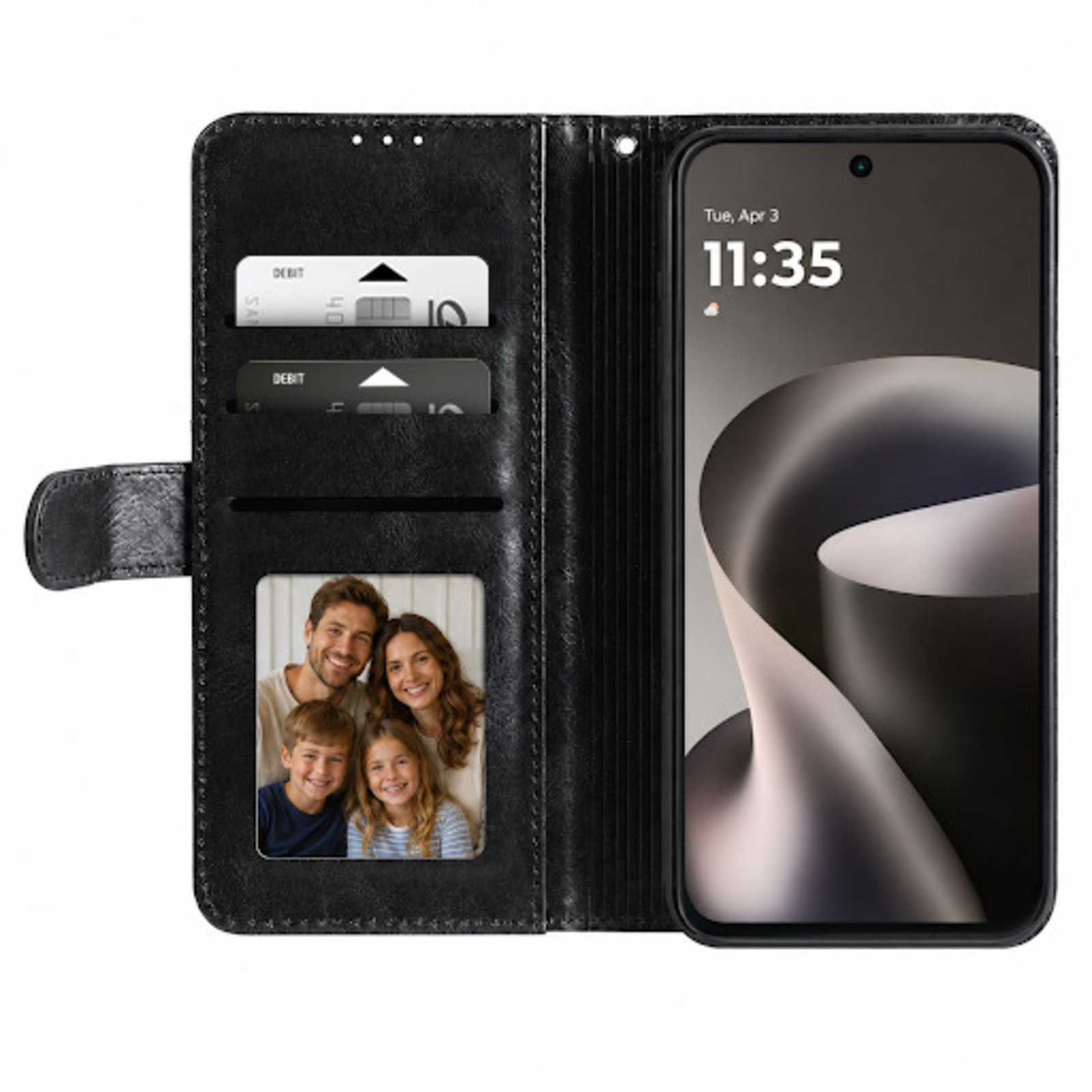 Funda de teléfono negra con ranuras para tarjetas, foto familiar y pantalla de smartphone.