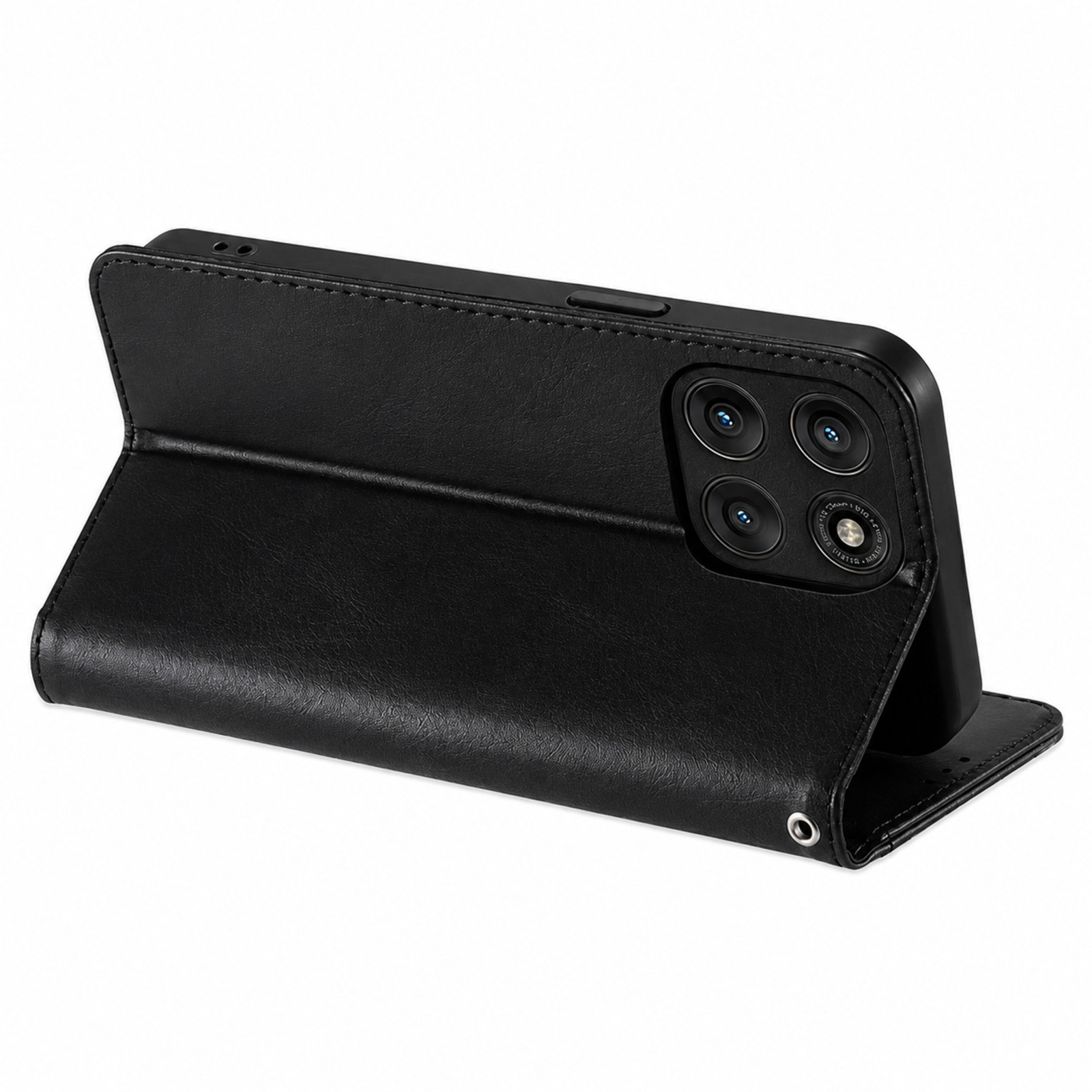 Funda tipo libro de cuero negro para smartphone con vista de cámara.