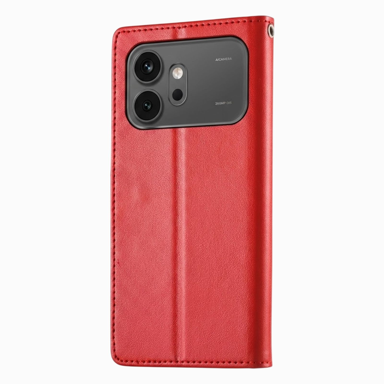 Rotes Lederetui für ein Smartphone mit dreifacher Kamera und Blitz.