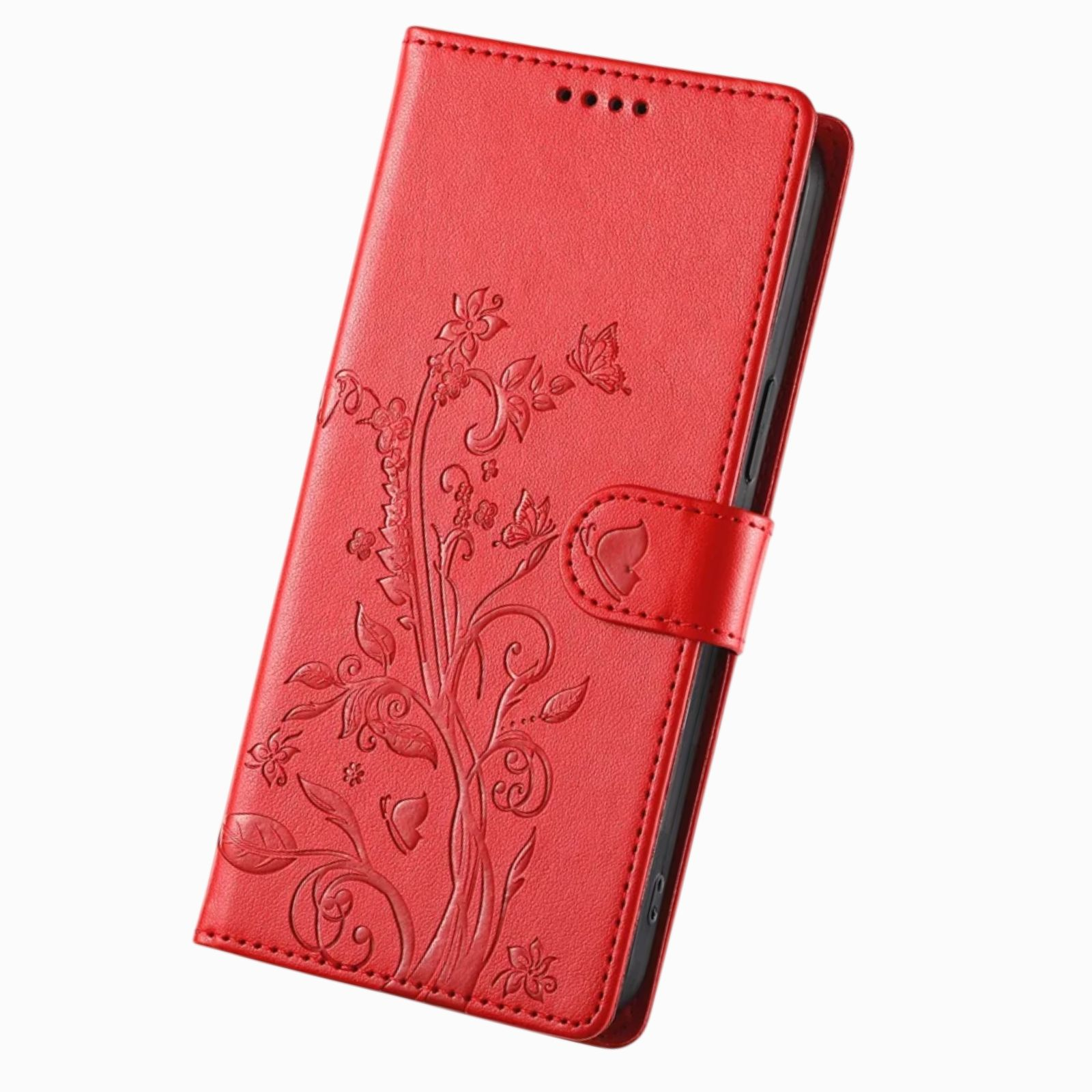 Rote Handyhülle mit Blumen- und Schmetterlingsprägung und Magnetverschluss.