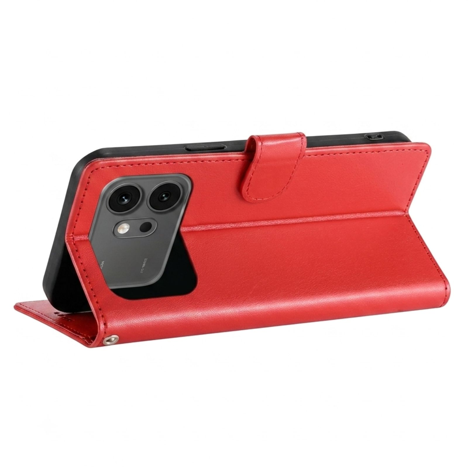 Ein rotes Leder-Flip-Cover für ein Smartphone mit sichtbarem Kameramodul.