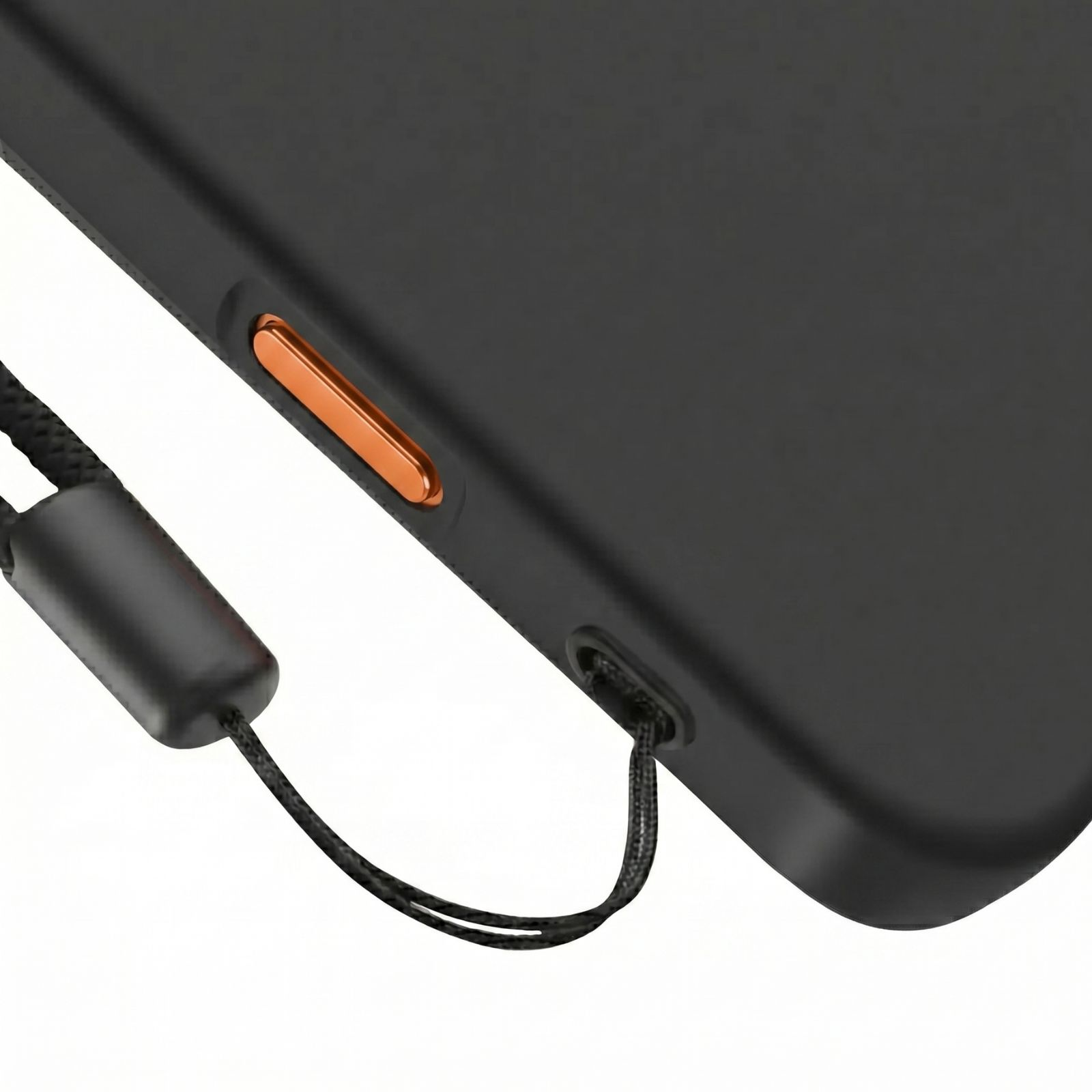 Schwarze Handyhülle mit orangefarbenem Knopf und Lanyard-Schlaufe.