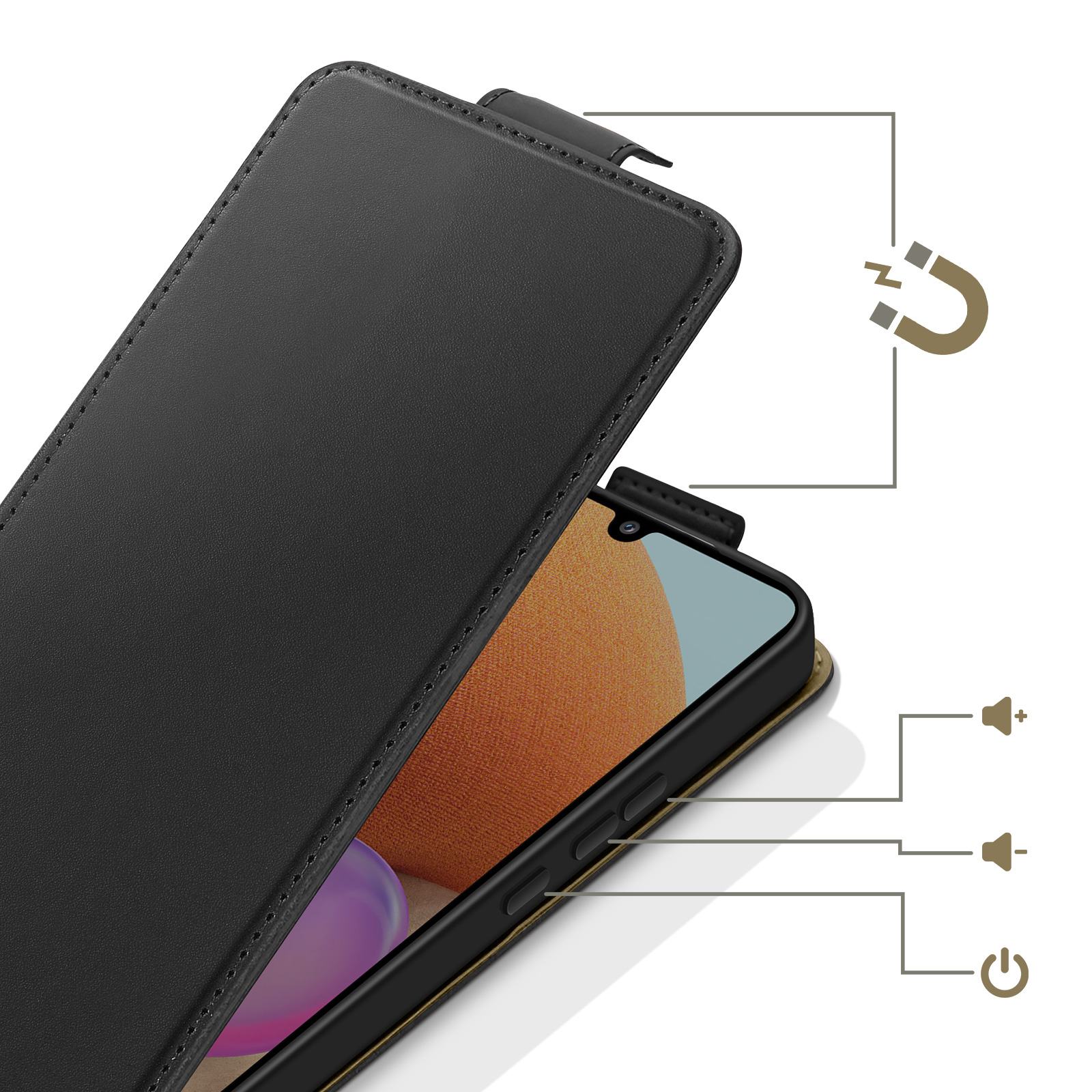 Schwarzes Leder-Flip-Cover für ein Smartphone mit magnetischem Verschluss.