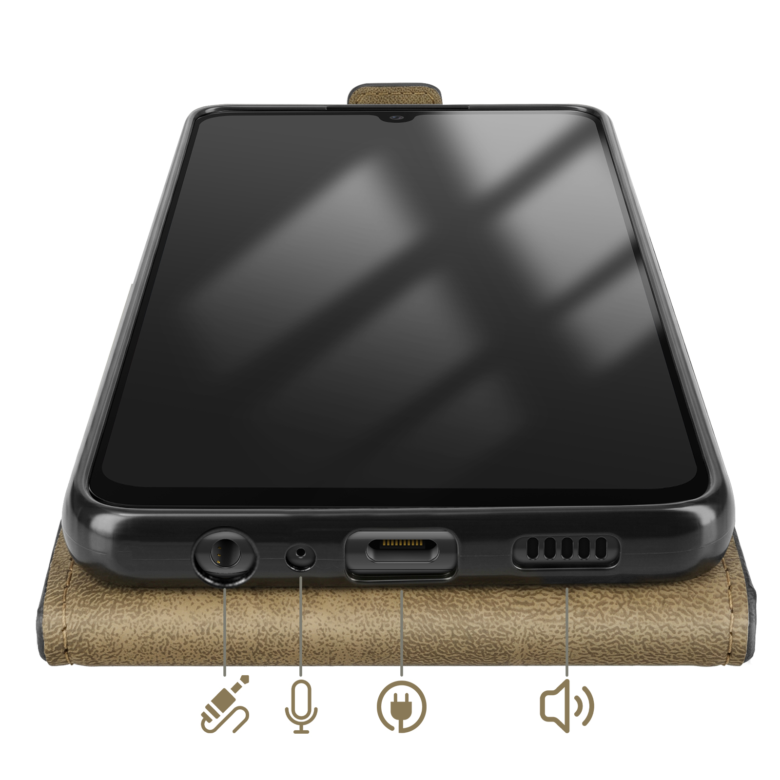 Ein Smartphone mit schwarzem Bildschirm liegt auf einer braunen Hülle.