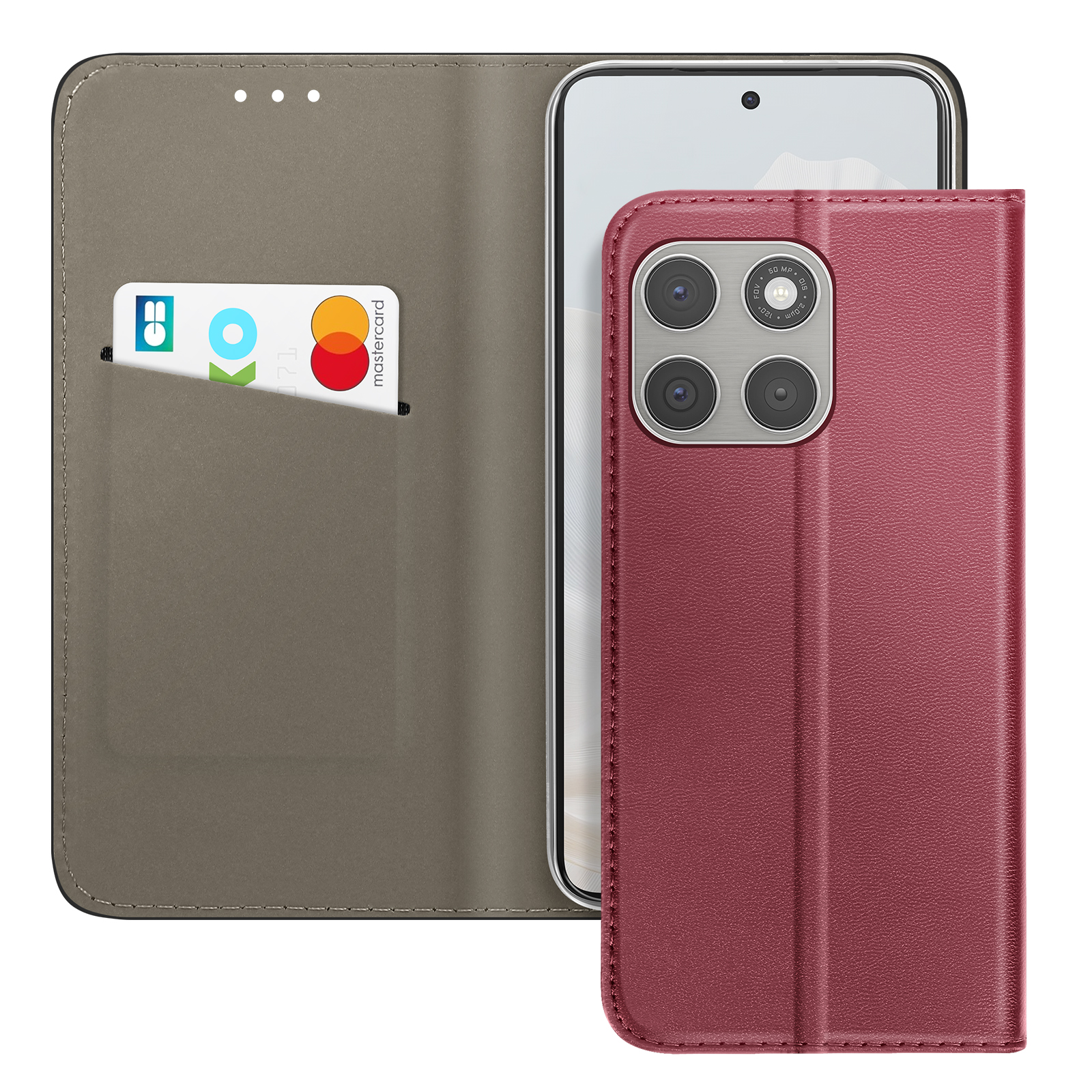Funda roja para teléfono con ranura para tarjetas y tarjeta de crédito.