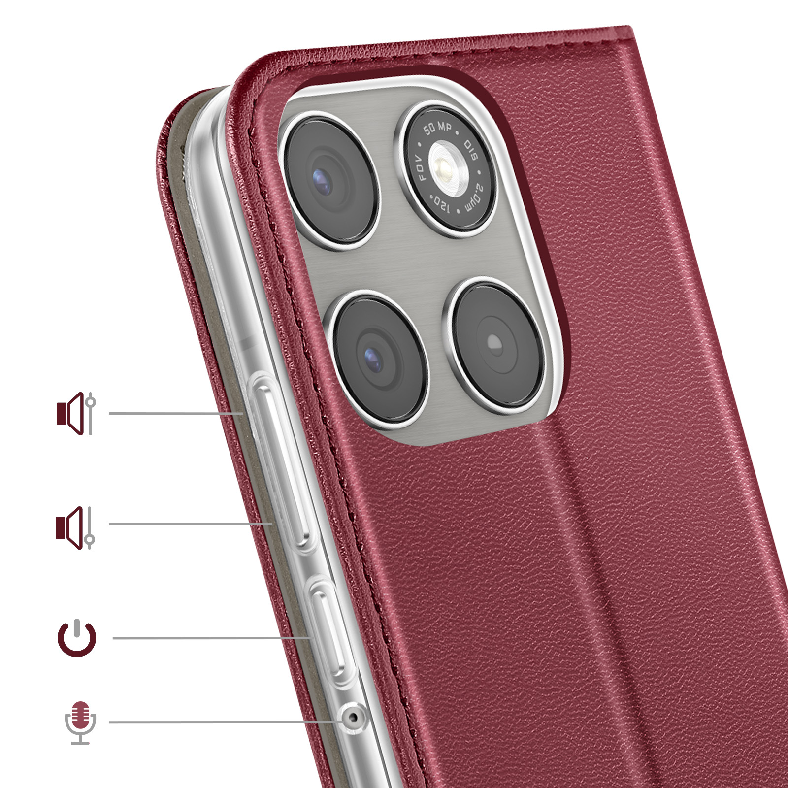 Funda de teléfono roja con cuatro cámaras y botones de volumen.