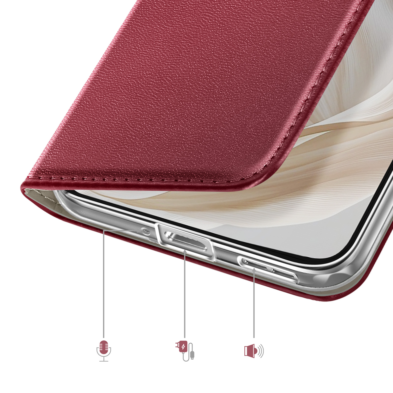 Funda de teléfono roja que muestra botones, micrófono, puerto de carga y altavoz.