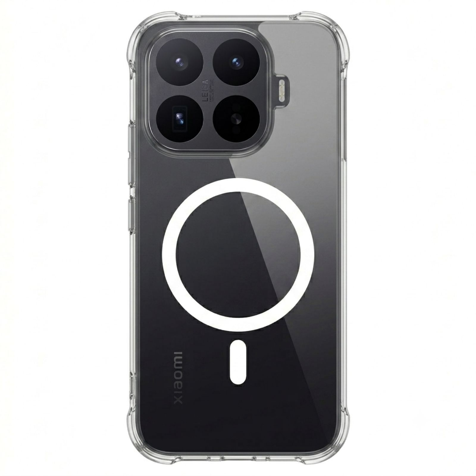 Funda transparente para teléfono con cuatro cámaras y un círculo blanco detrás.