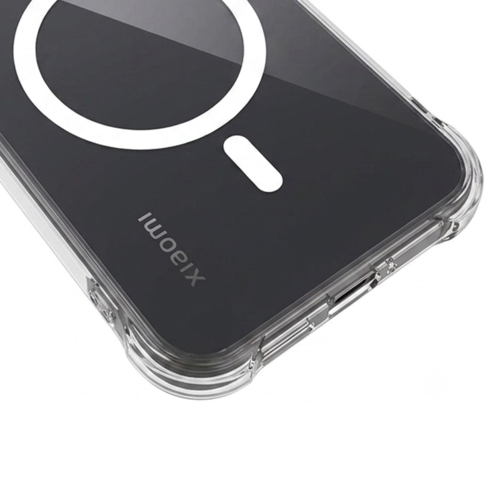 Funda transparente para teléfono con patrón de círculo y guion blancos sobre fondo oscuro.