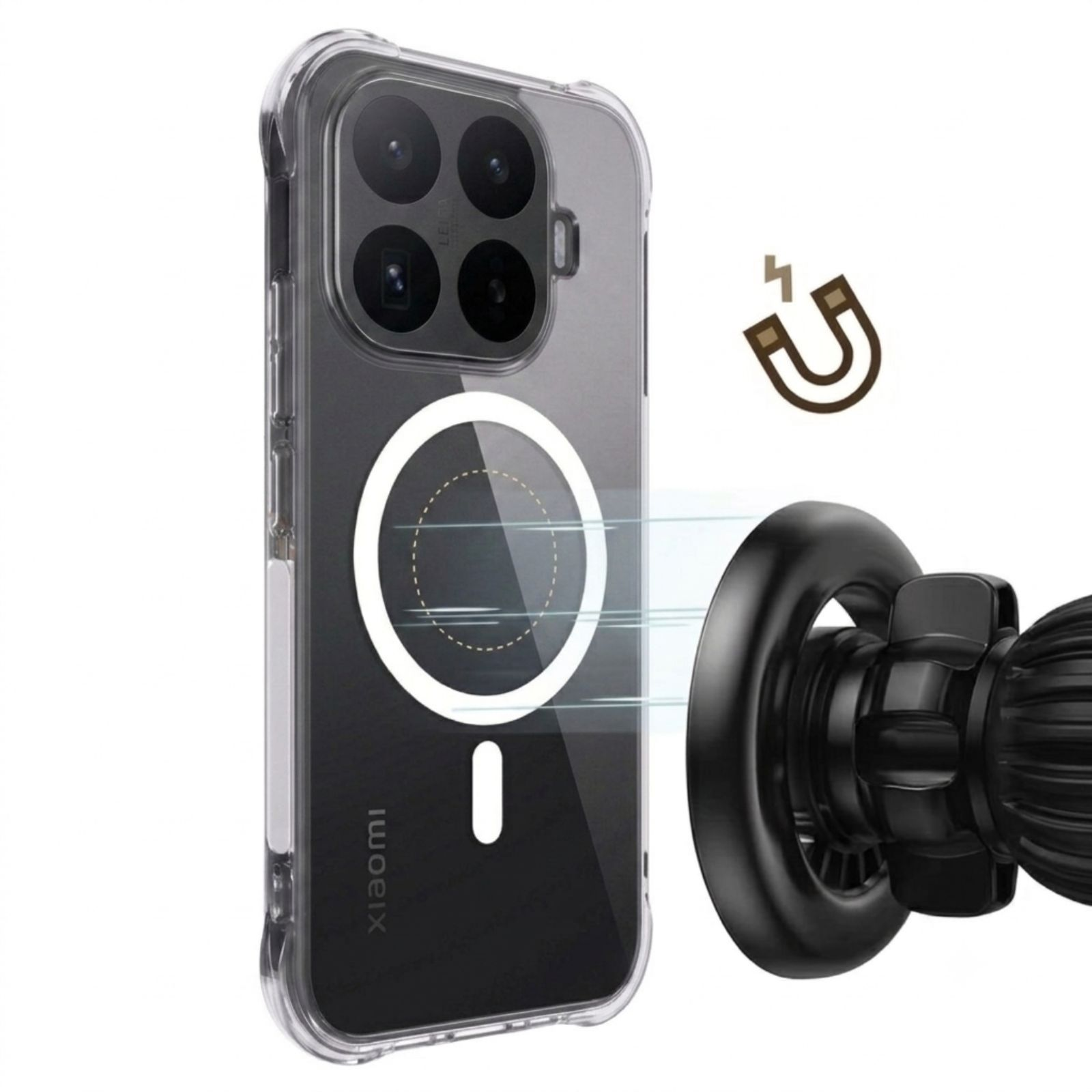 Una funda transparente para teléfono con anillo magnético es atraída por un soporte negro.