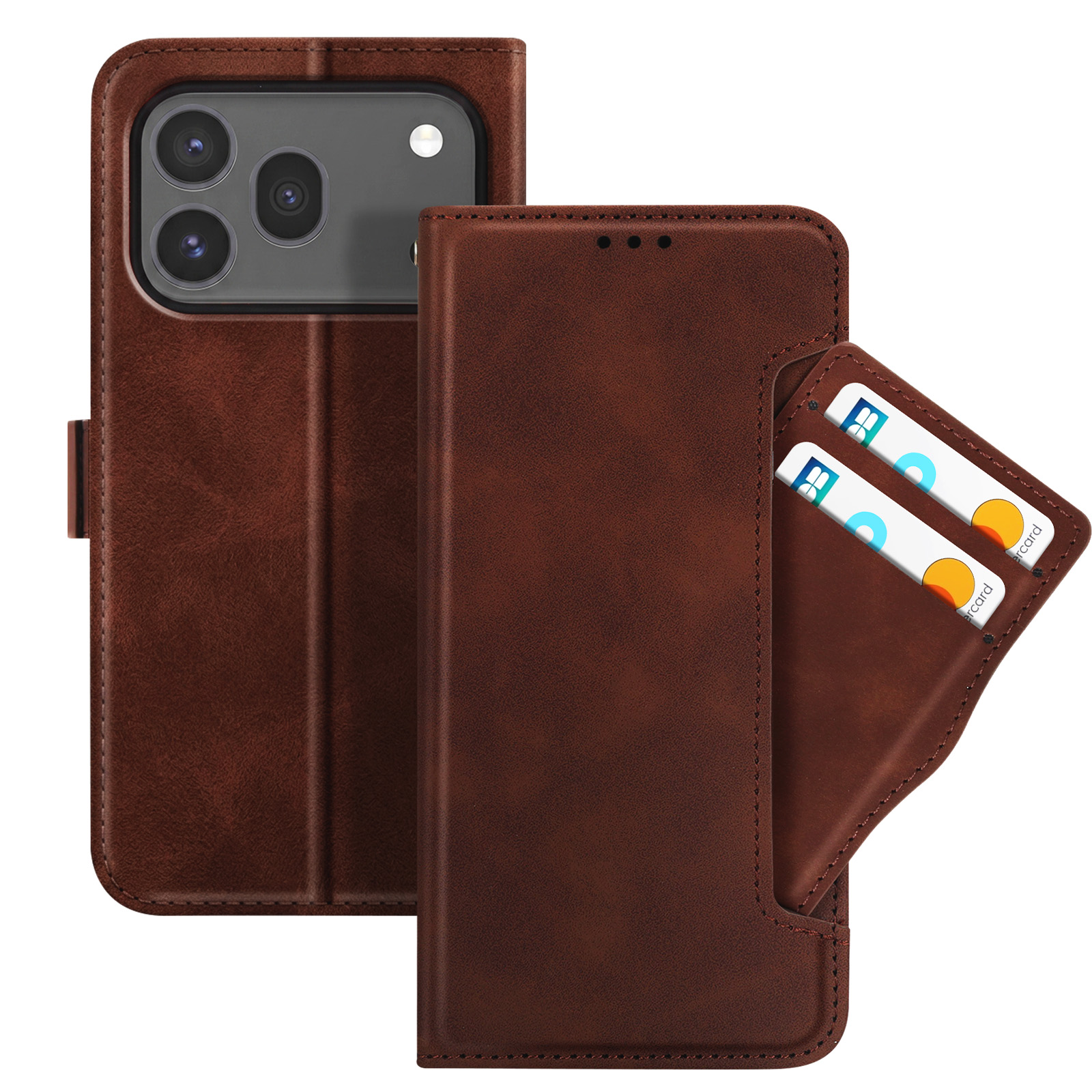 Funda de cuero marrón para teléfono con tres lentes de cámara y ranuras para tarjetas.