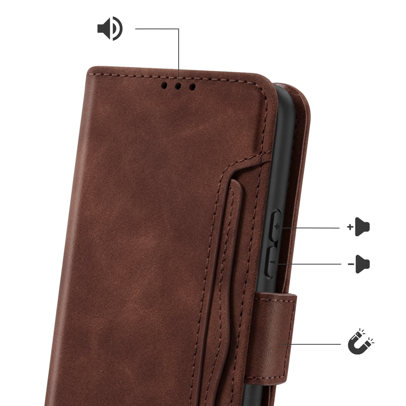 Funda de teléfono marrón con iconos de volumen y cierre magnético.