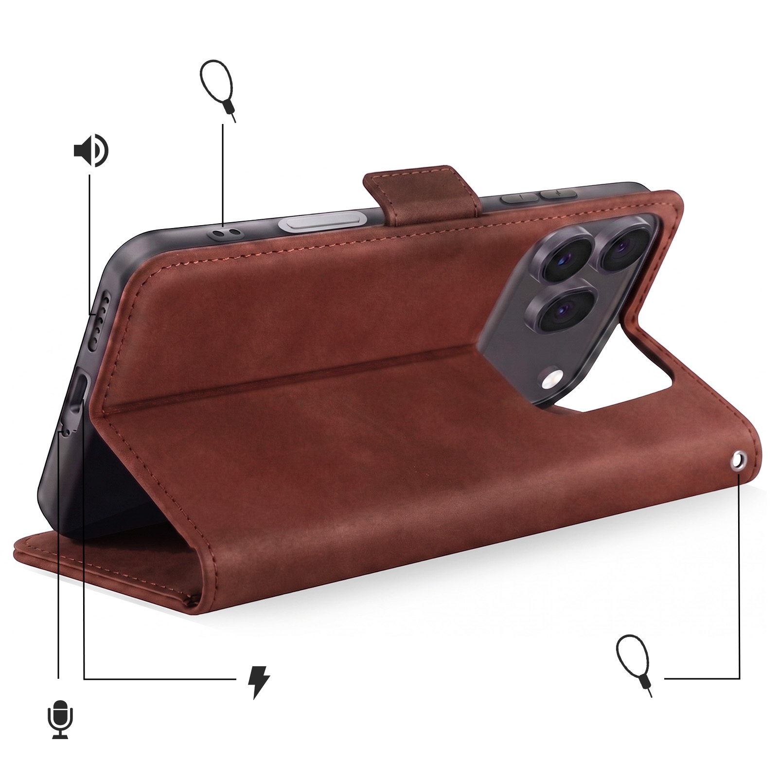 Funda de teléfono marrón con smartphone y tres cámaras.