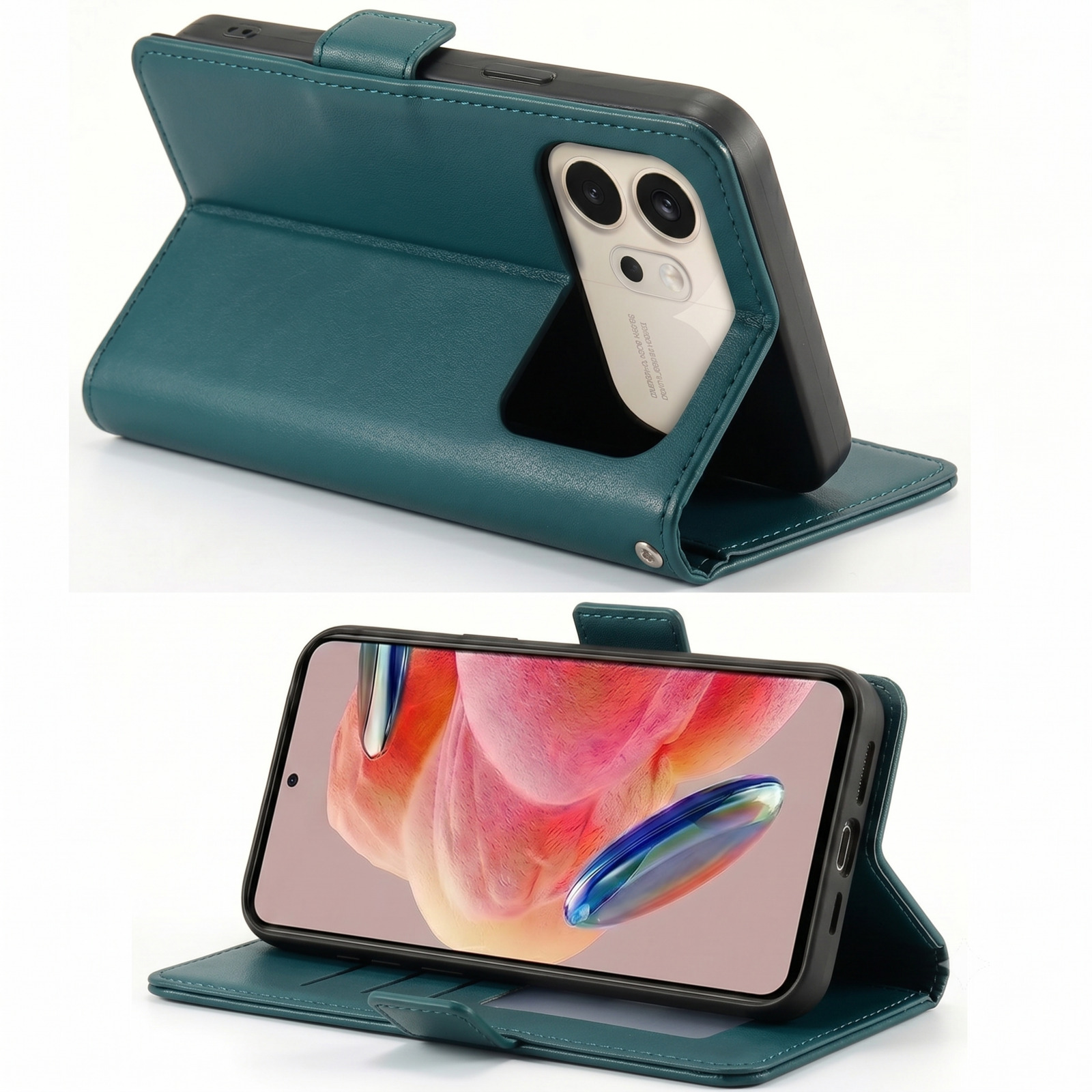 Ein tealfarbenes Leder-Flip-Handyhülle ist geöffnet und zeigt ein Telefon mit einem bunten Hintergrund.