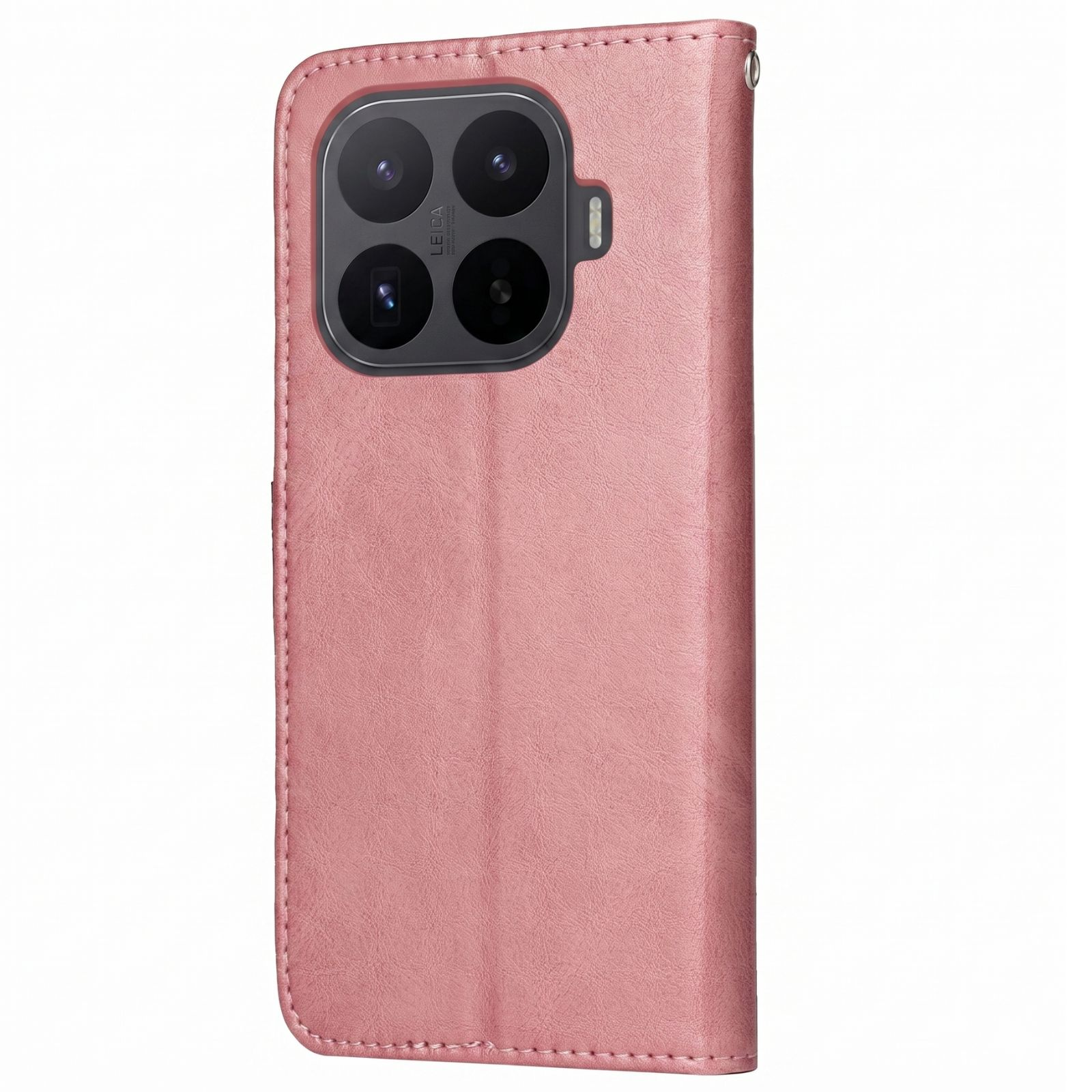 Se muestra una funda de teléfono rosa con lentes de cámara Leica sobre un fondo blanco.