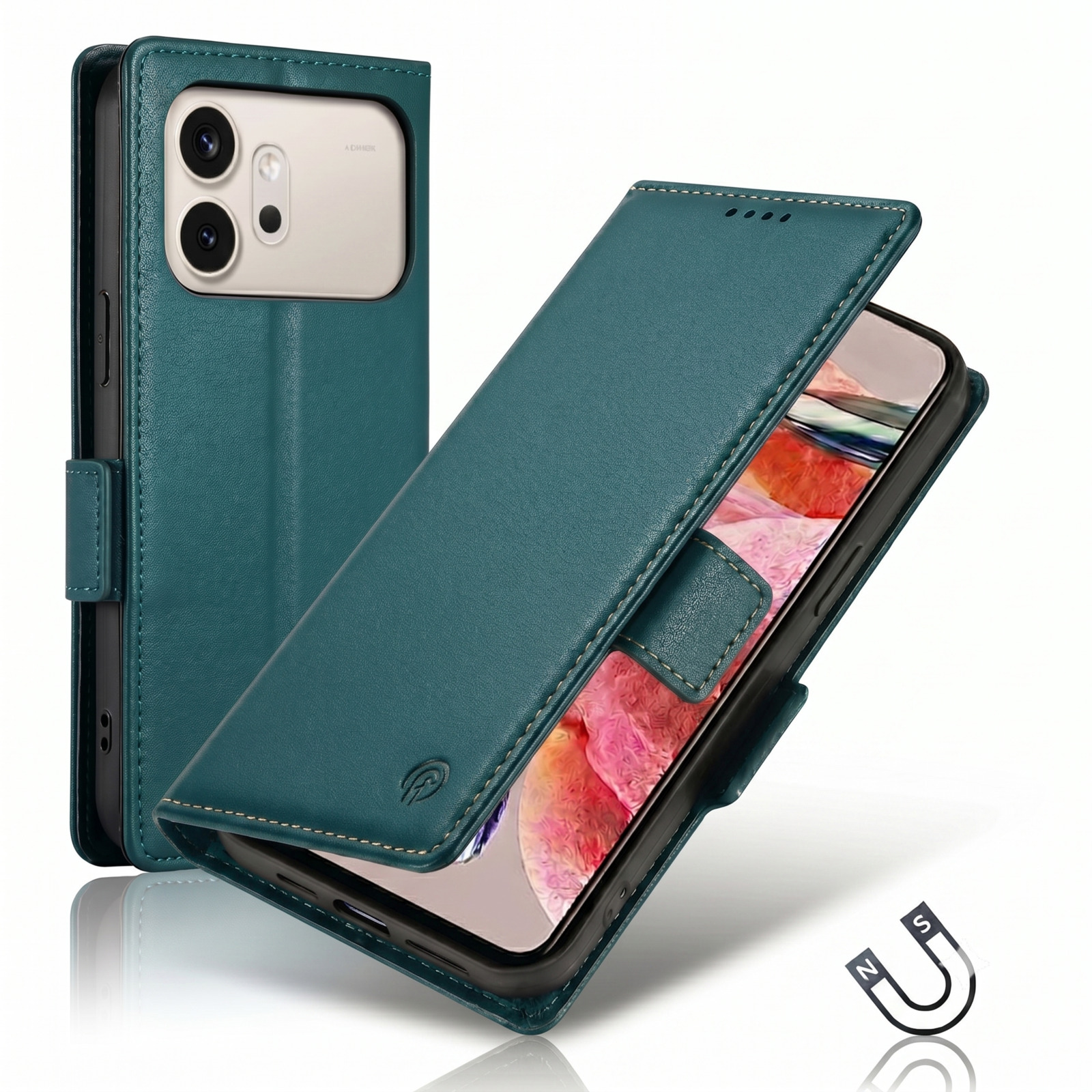 Ein petrolfarbenes Leder-Flip-Handy-Etui mit magnetischem Verschluss und Kameraausschnitt.