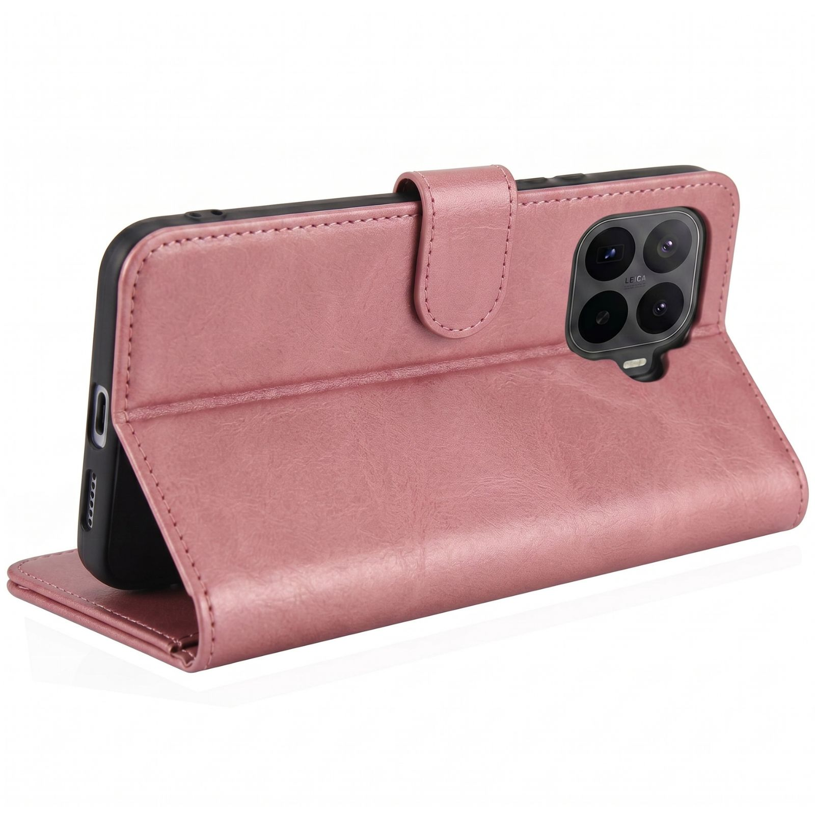 Una funda tipo libro de cuero rosa para un smartphone, sobre una superficie blanca.