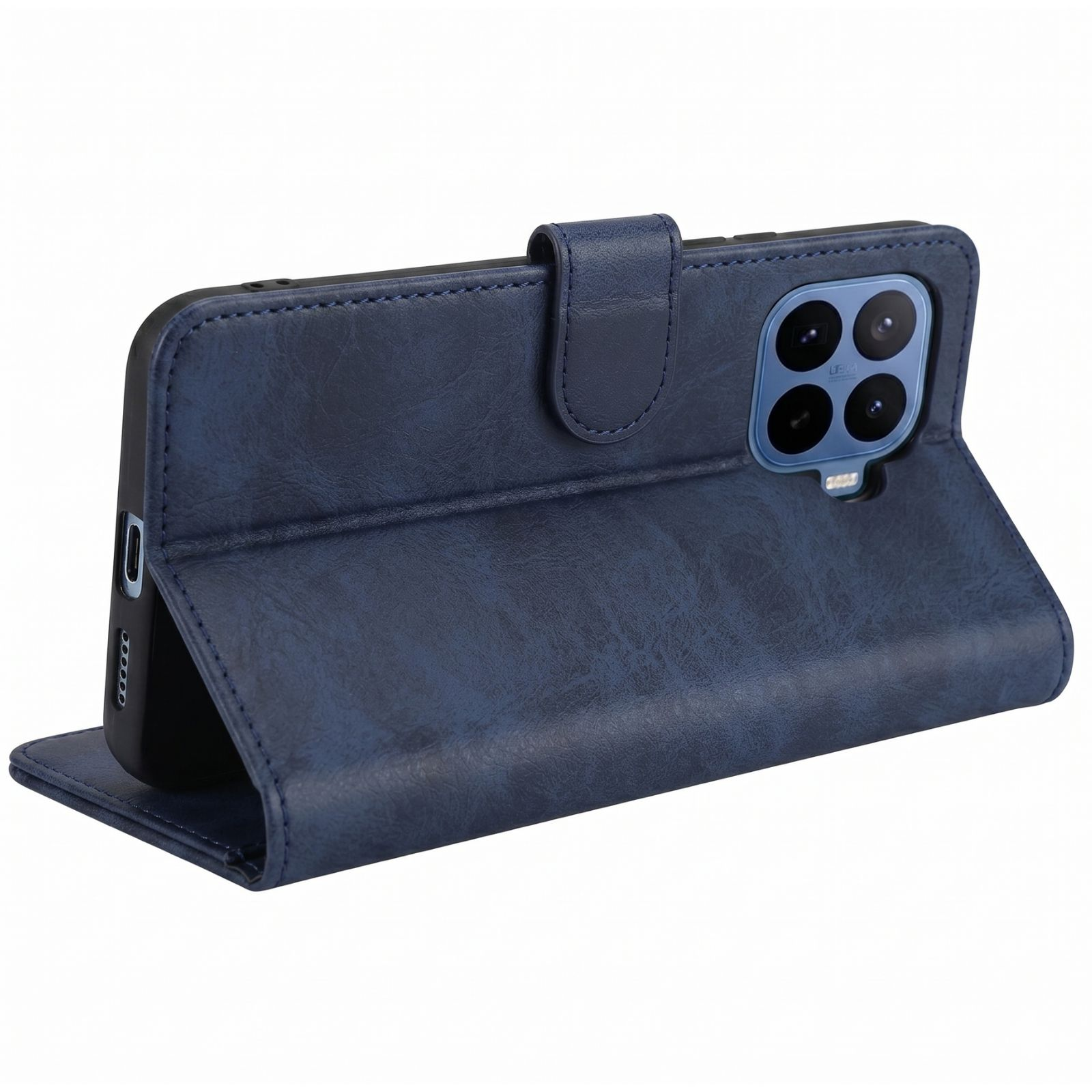 Funda de teléfono azul oscuro tipo cartera con sistema de cámara trasero.
