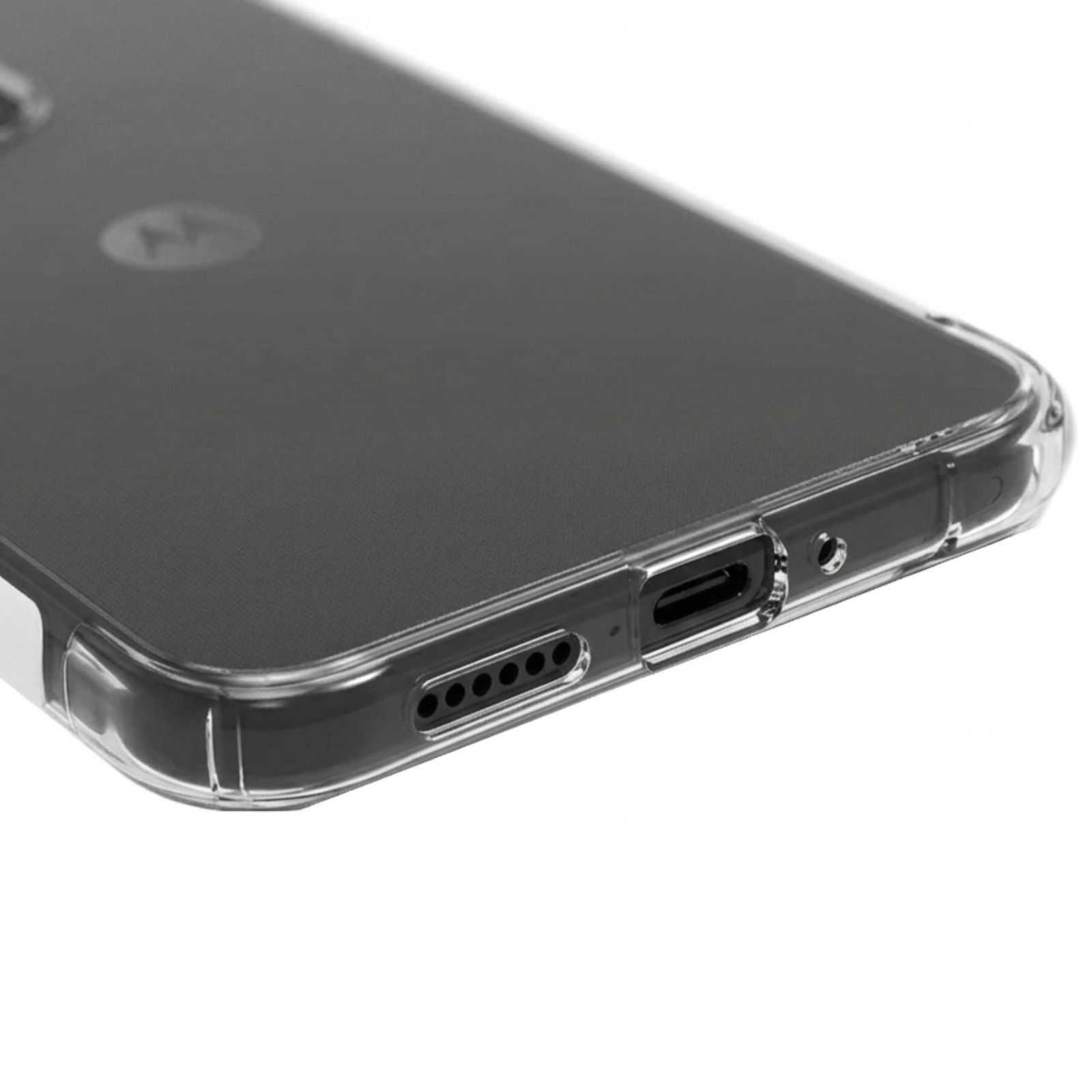 Klare Handyhülle mit Ladeanschluss, Lautsprecherlöchern und Motorola-Logo.