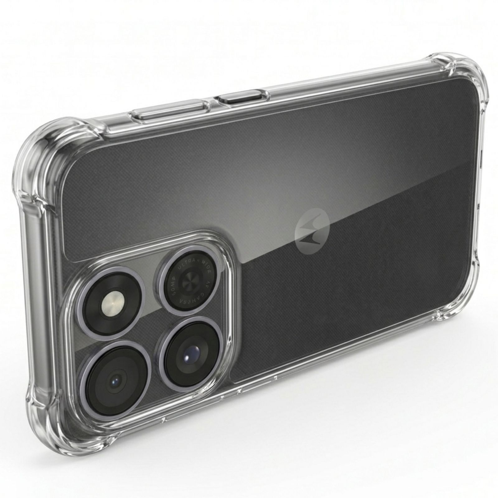 Klare Handyhülle mit Quad-Kamera und Motorola-Logo.