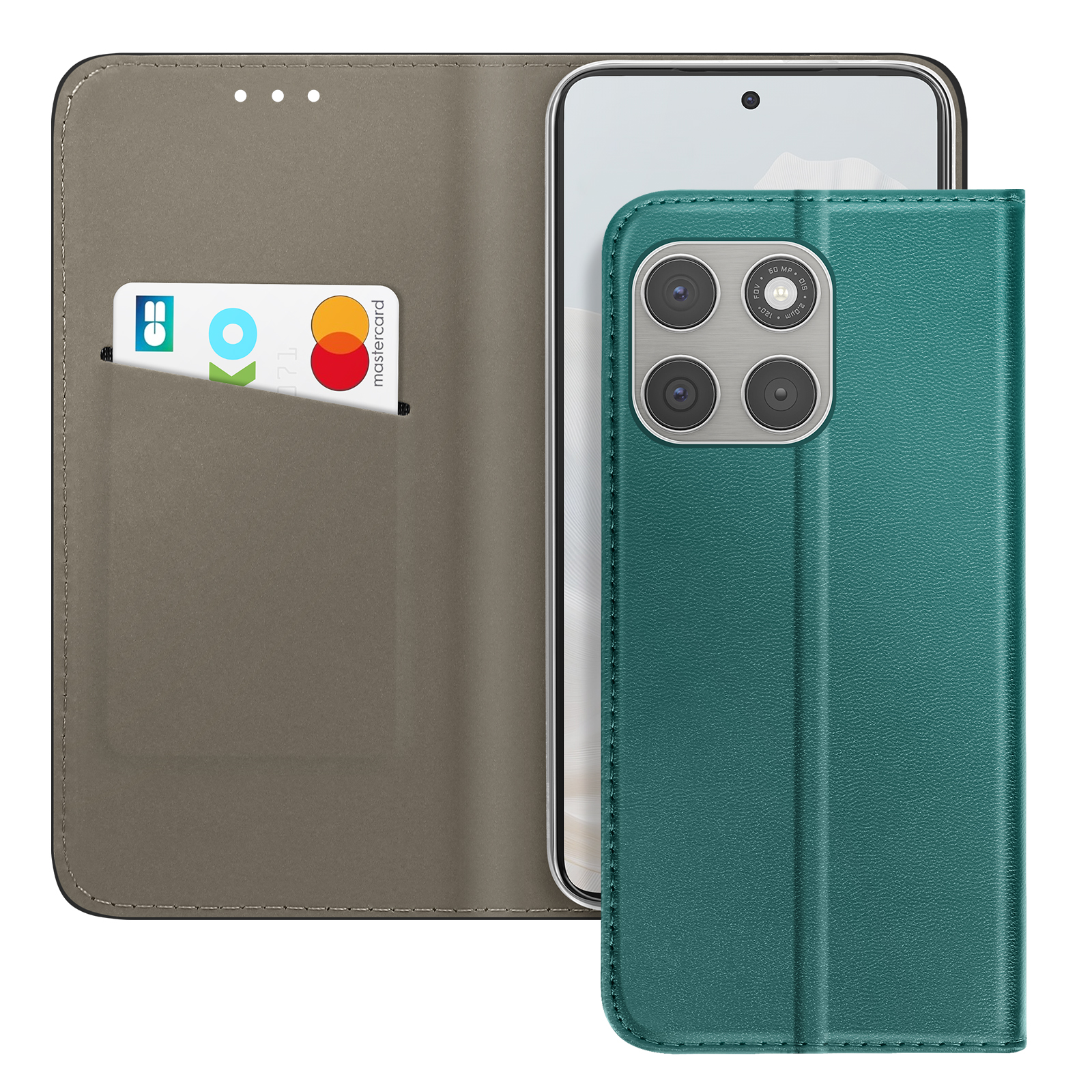 Ein smaragdgrünes Handycover mit Kartenfach und Mastercard.