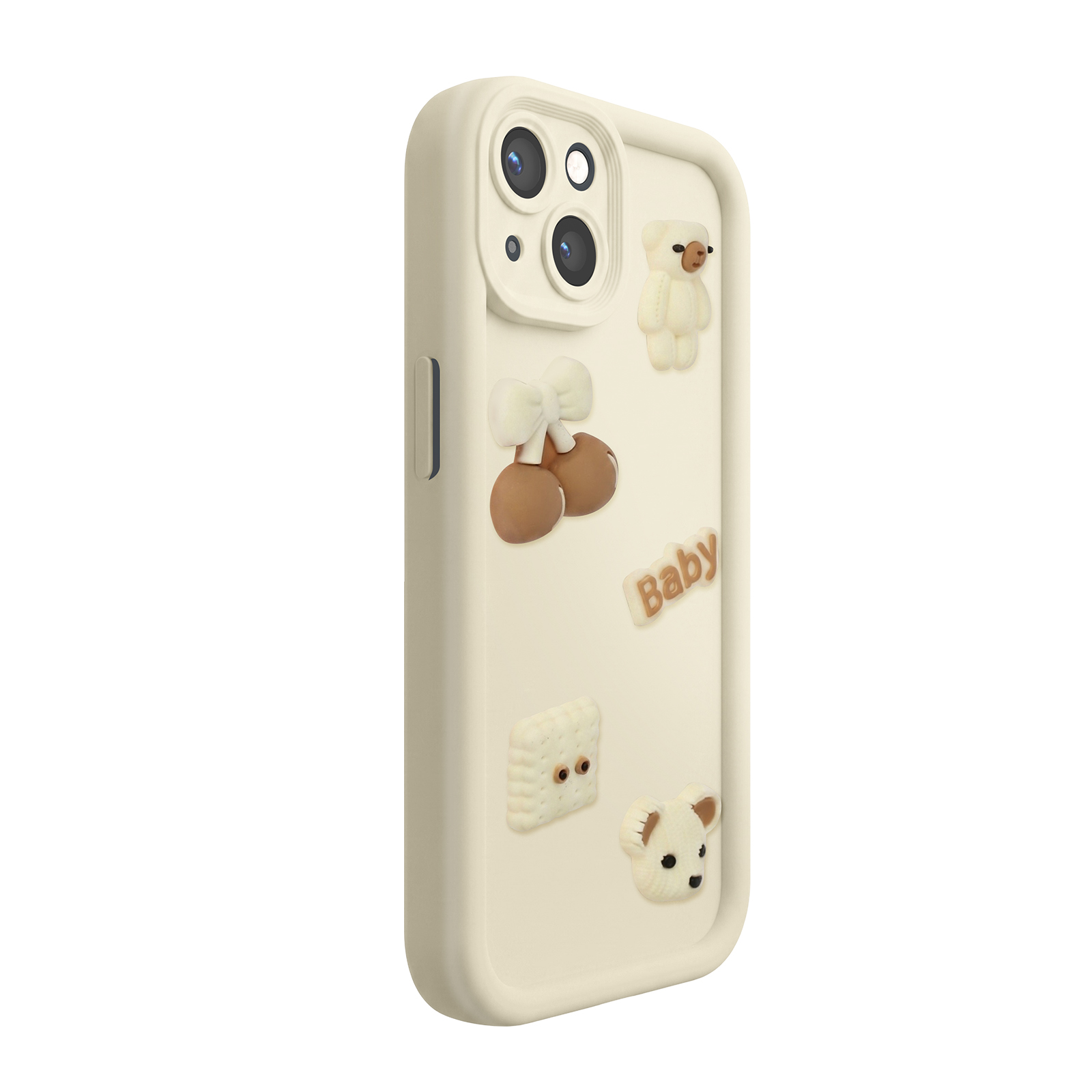 Una funda de teléfono color crema con apliques de oso, zapato, galleta y bebé.