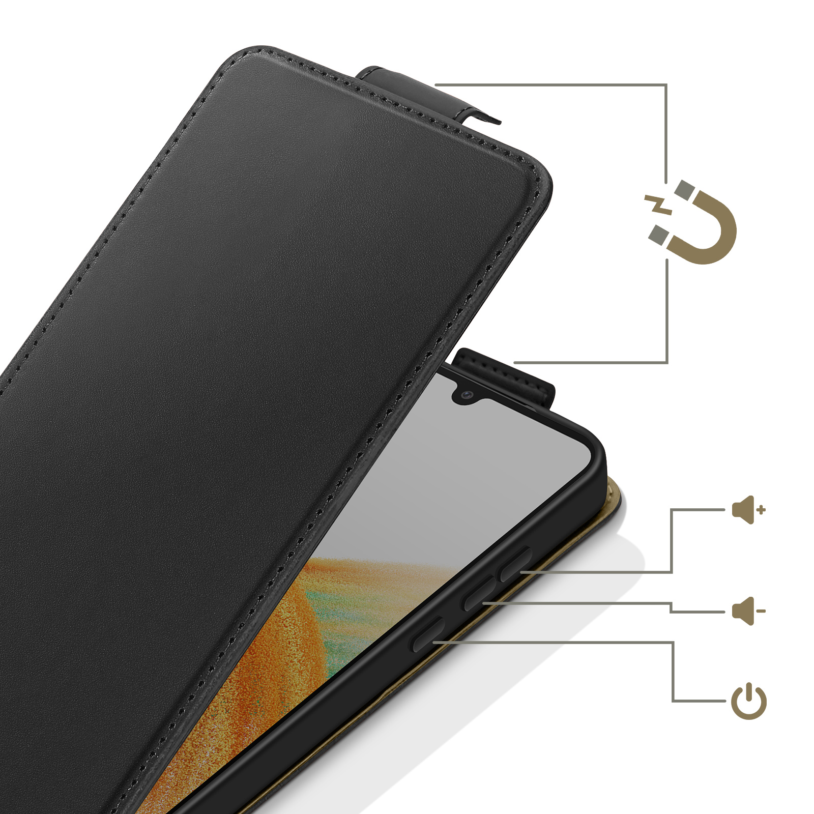 Ein schwarzes Handycover mit Magnetverschluss und Symbolen für Lautstärke und Strom.