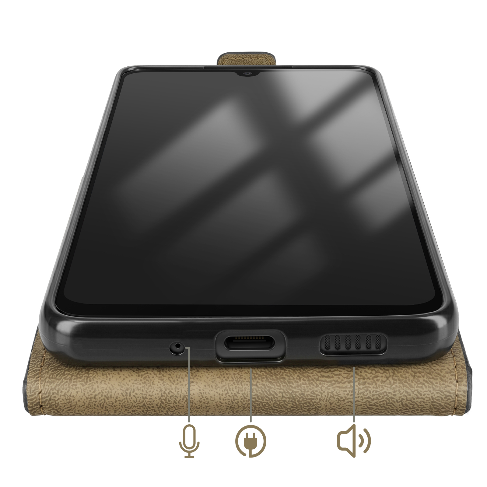 Ein Smartphone mit einem schwarzen Bildschirm liegt auf einer braunen Hülle.