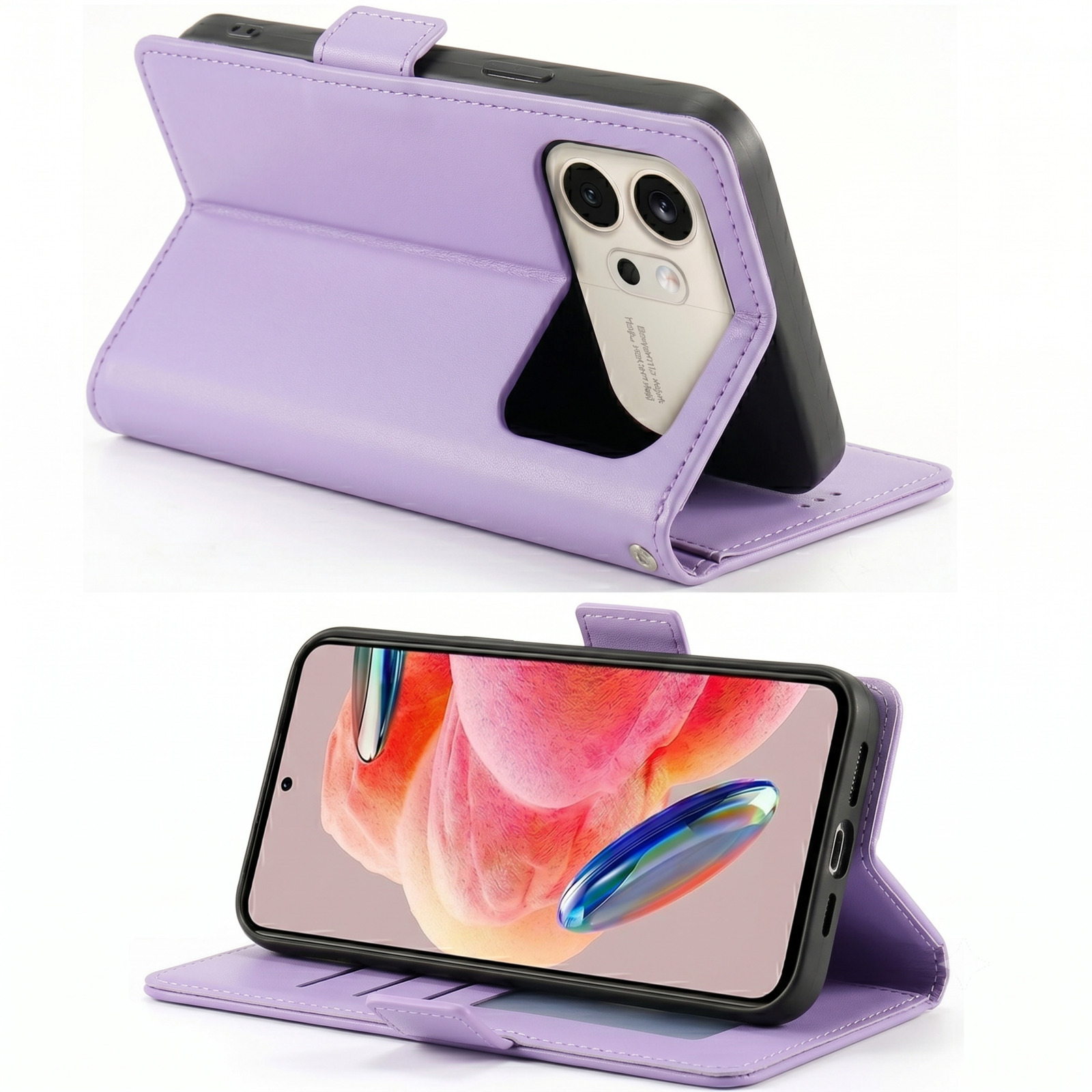 Lila Handyhülle mit Klappfunktion, die das Telefon aufrecht hält.