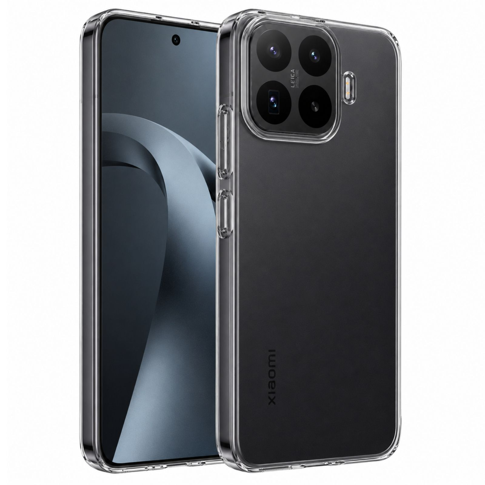 Transparente Hülle mit Xiaomi-Schriftzug und Kamera-Array auf schwarzem Handy.
