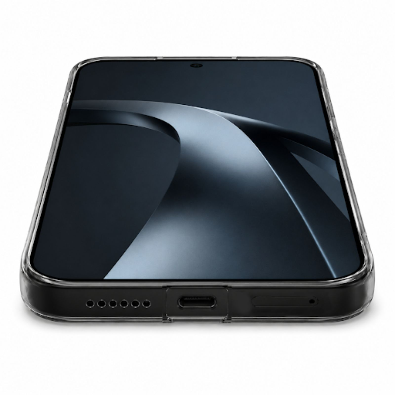 Ein schwarzes Smartphone mit einem transparenten Gehäuse und einem dunklen Bildschirm.