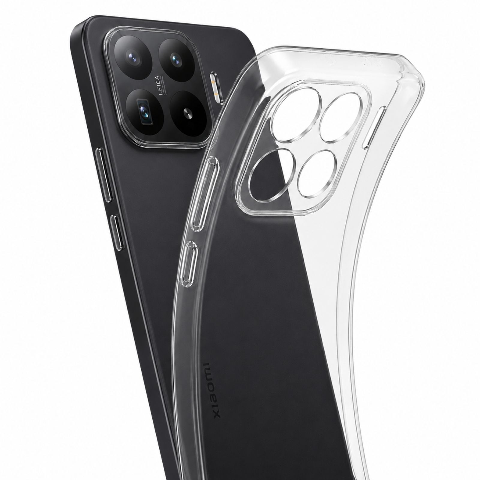 Ein schwarzes Smartphone mit Leica-Kamera neben einer transparenten Hülle.