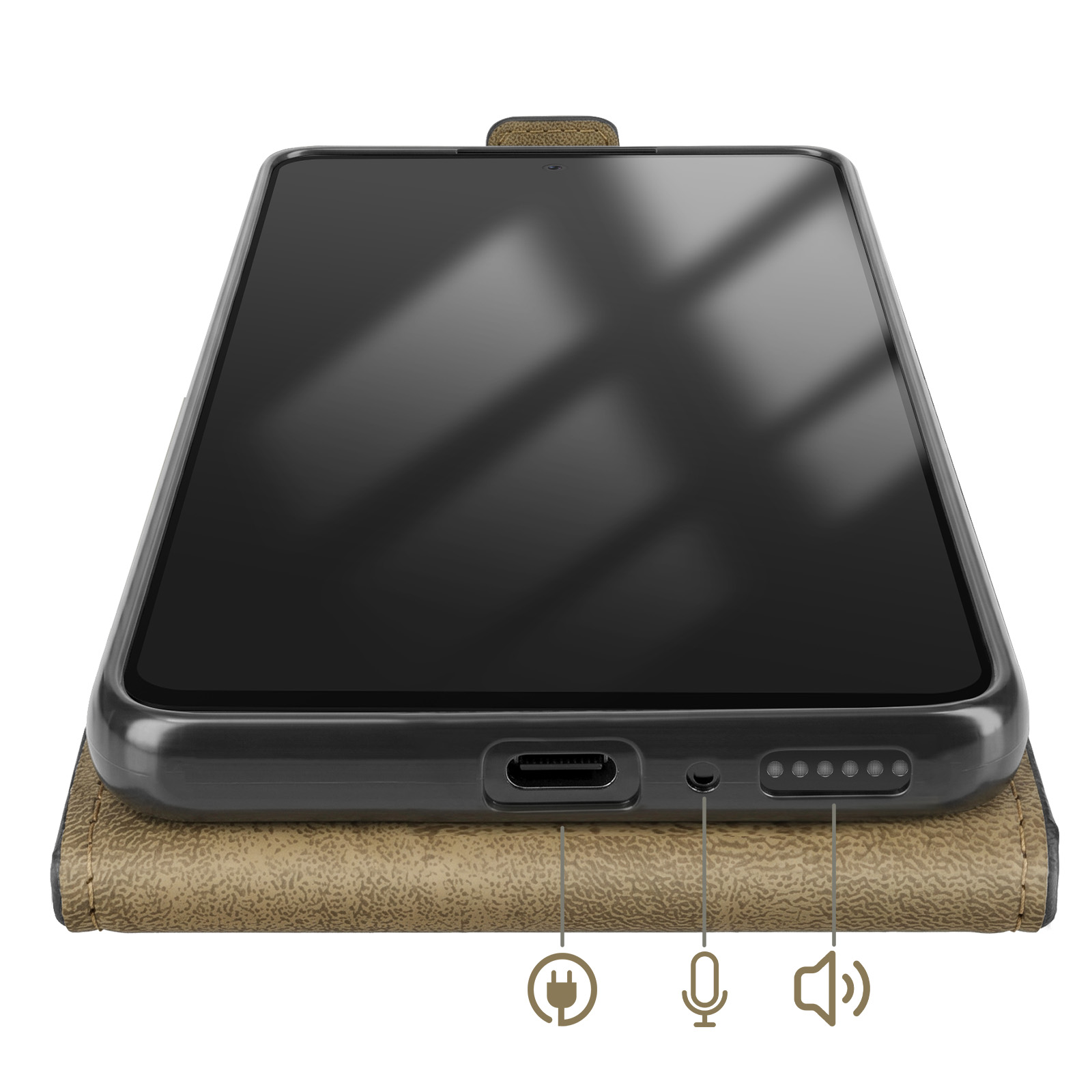 Ein Smartphone mit schwarzem Bildschirm auf einer braunen Hülle. Anschlüsse sind markiert.
